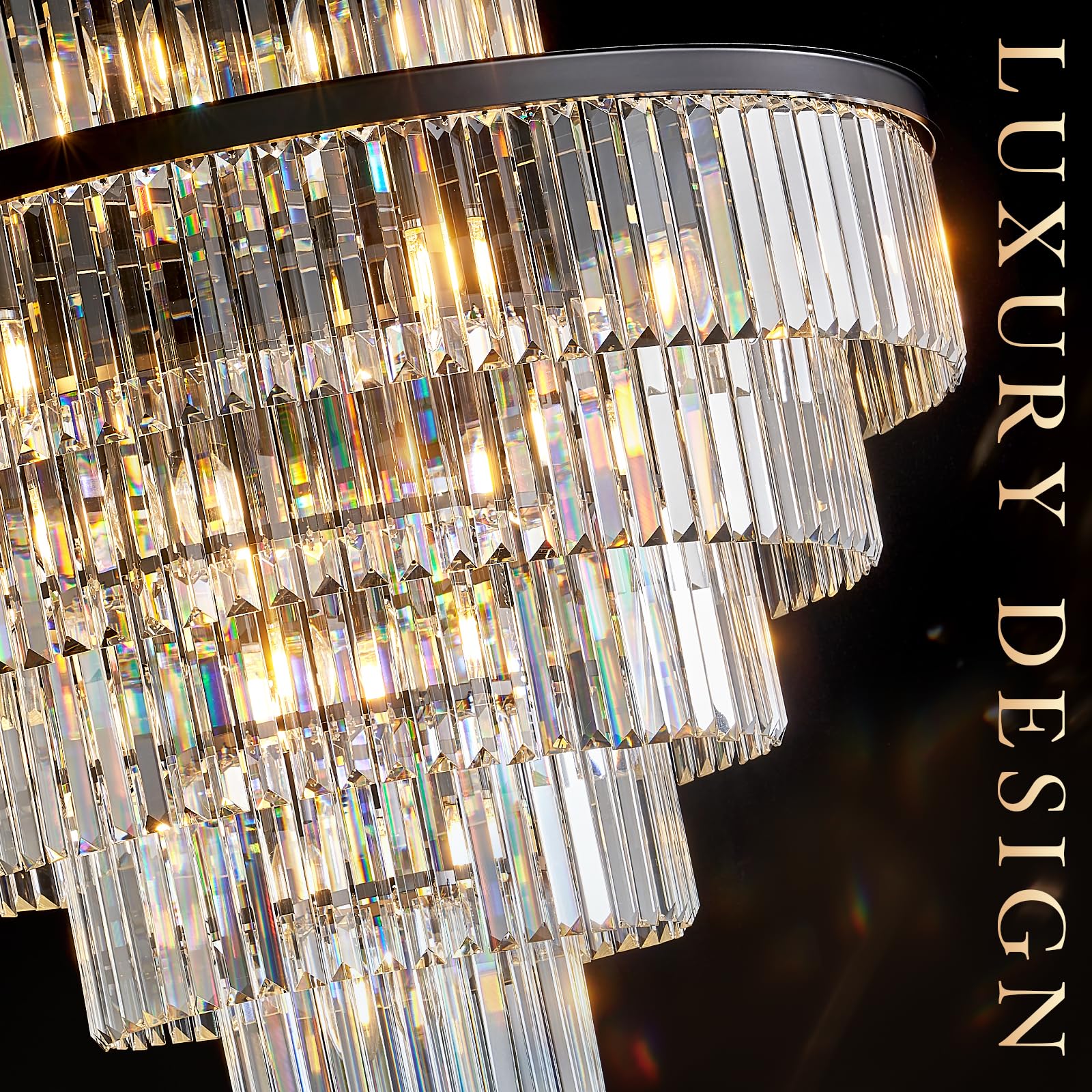 Large Crystal Chandeliers 23 Lights 36 Modern Black stylish Chandelier For Foyer Staircase Chandeliers 6 Tiers Round K9 Ceiling Pendant Lighting Fixture For Living Dining Room