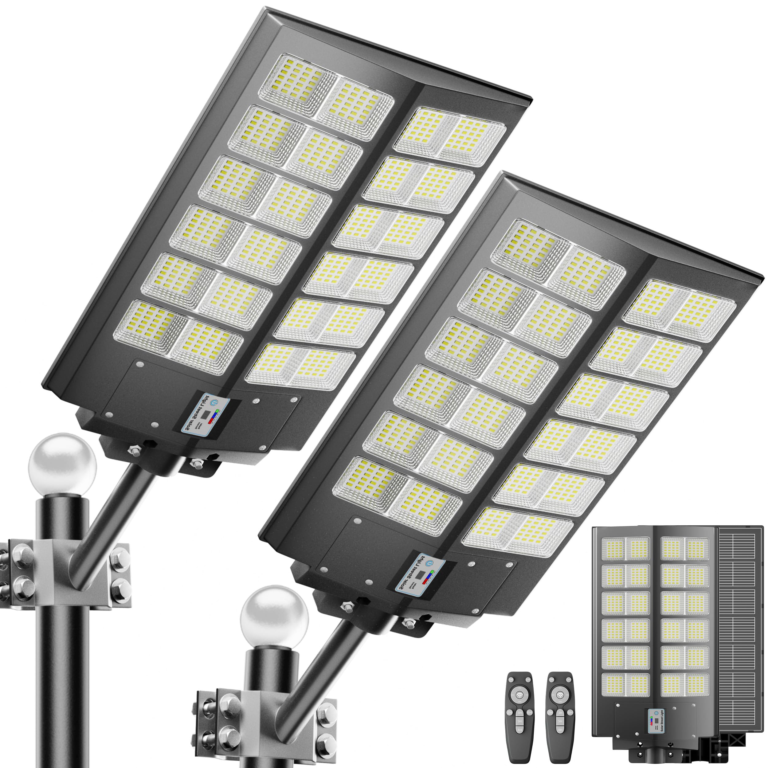 Jadisi 2-Pack Solar Street Light -9000W Solar Street Lights Outdoor 300000LM  7000K Commercial Parking Lot Light  Flood Outdoor Lights IP66 Waterproof with Motion Sensor  3-Year Warranty