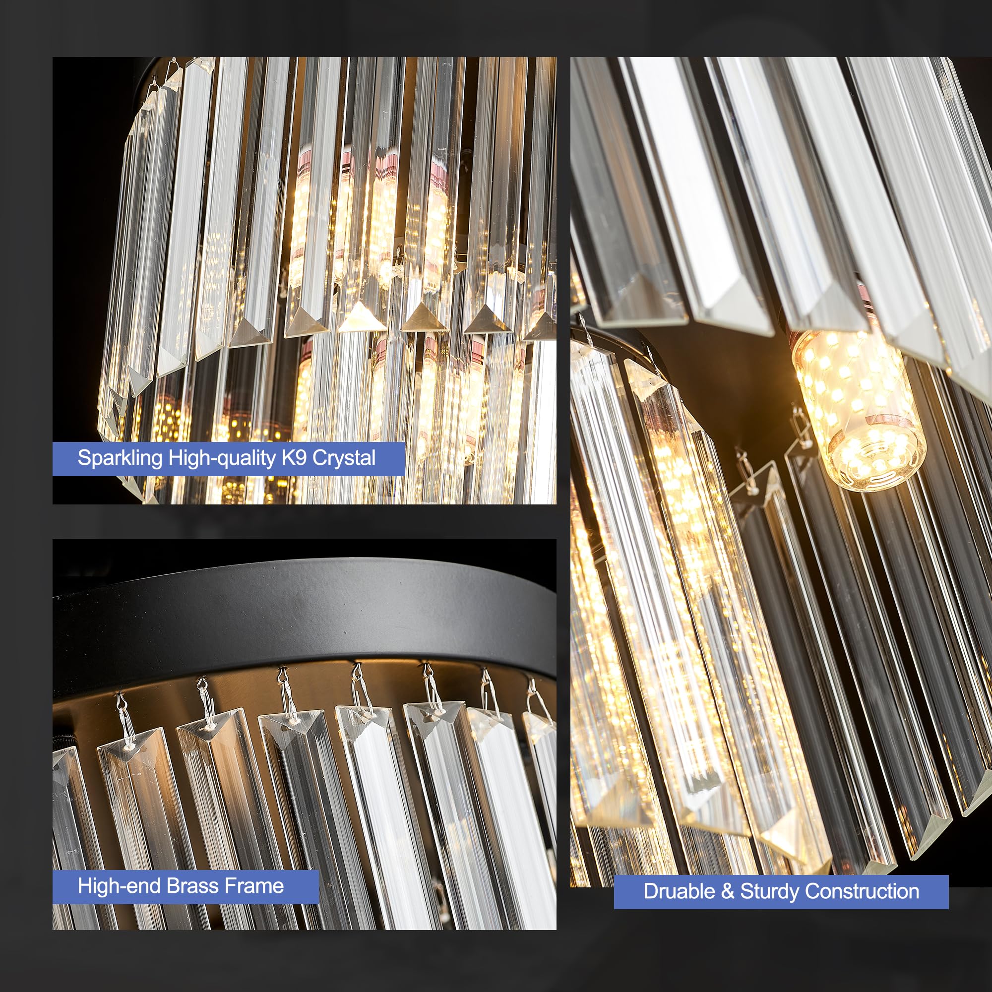 Faibra 12.6'' Black Crystal Ceiling Light 4-Light Modern Fixture 2-Tier Luxury K9 Crystal, For Dining Room Kitchen Island Living