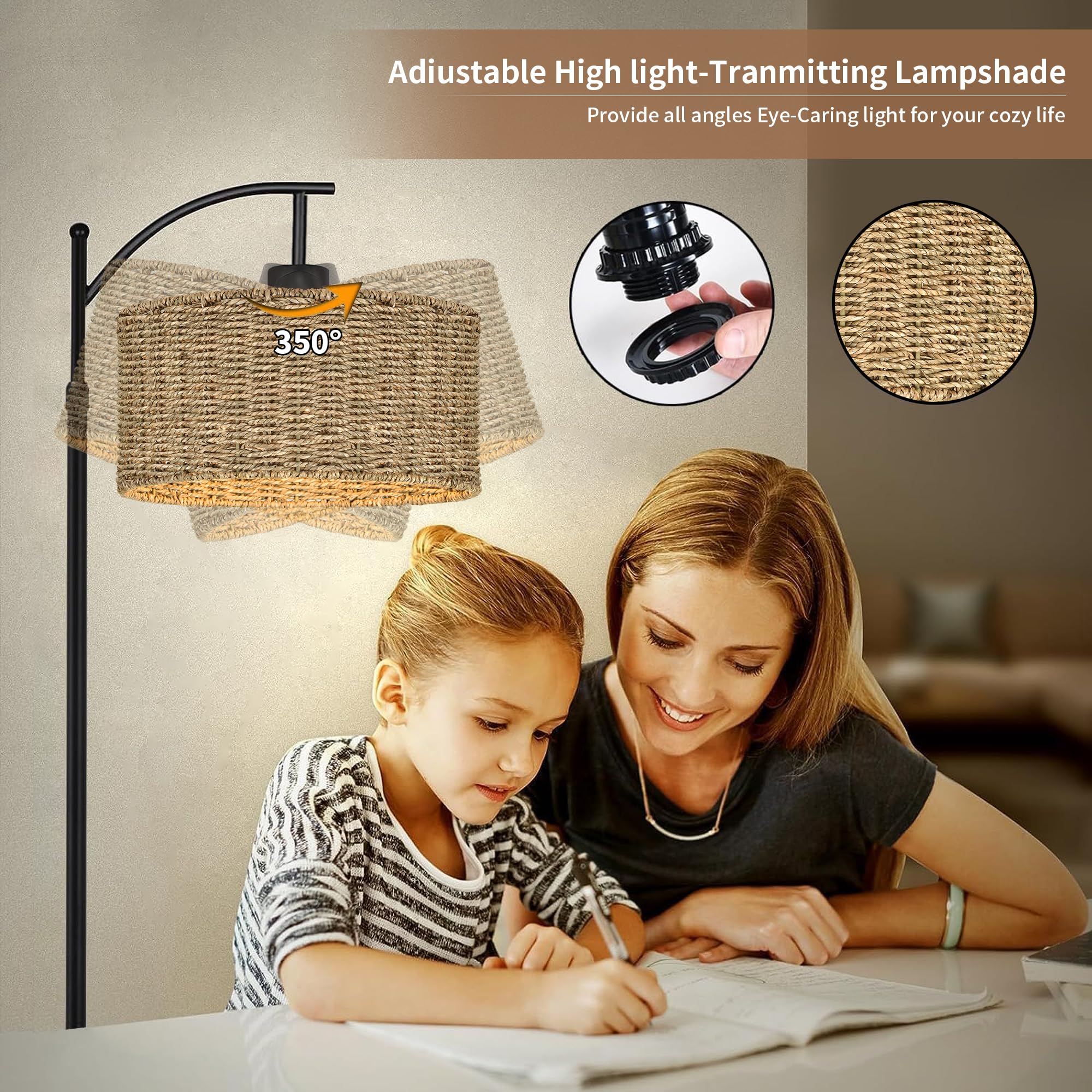 Arc Rattan Floor Lamp For Living Room With Remote,Black Floor Lamps With 3 Color Temperature Dimmable Bulb,Farmhouse Boho Standi