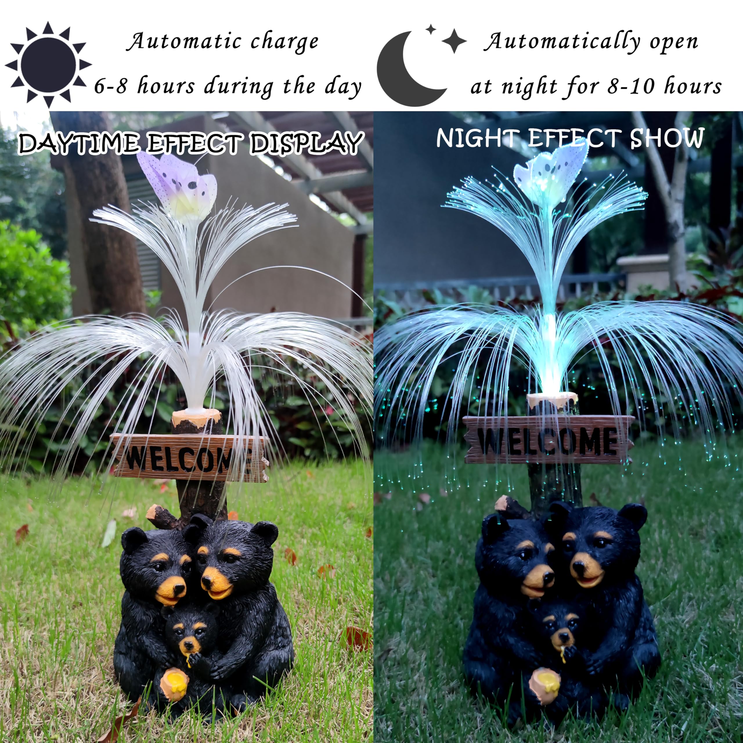 Rctticuu Solar Bear Garden Statues,Resin Black Bear Family Figurine With Welcome Card And 7-Color Changing Optical Fiber With So