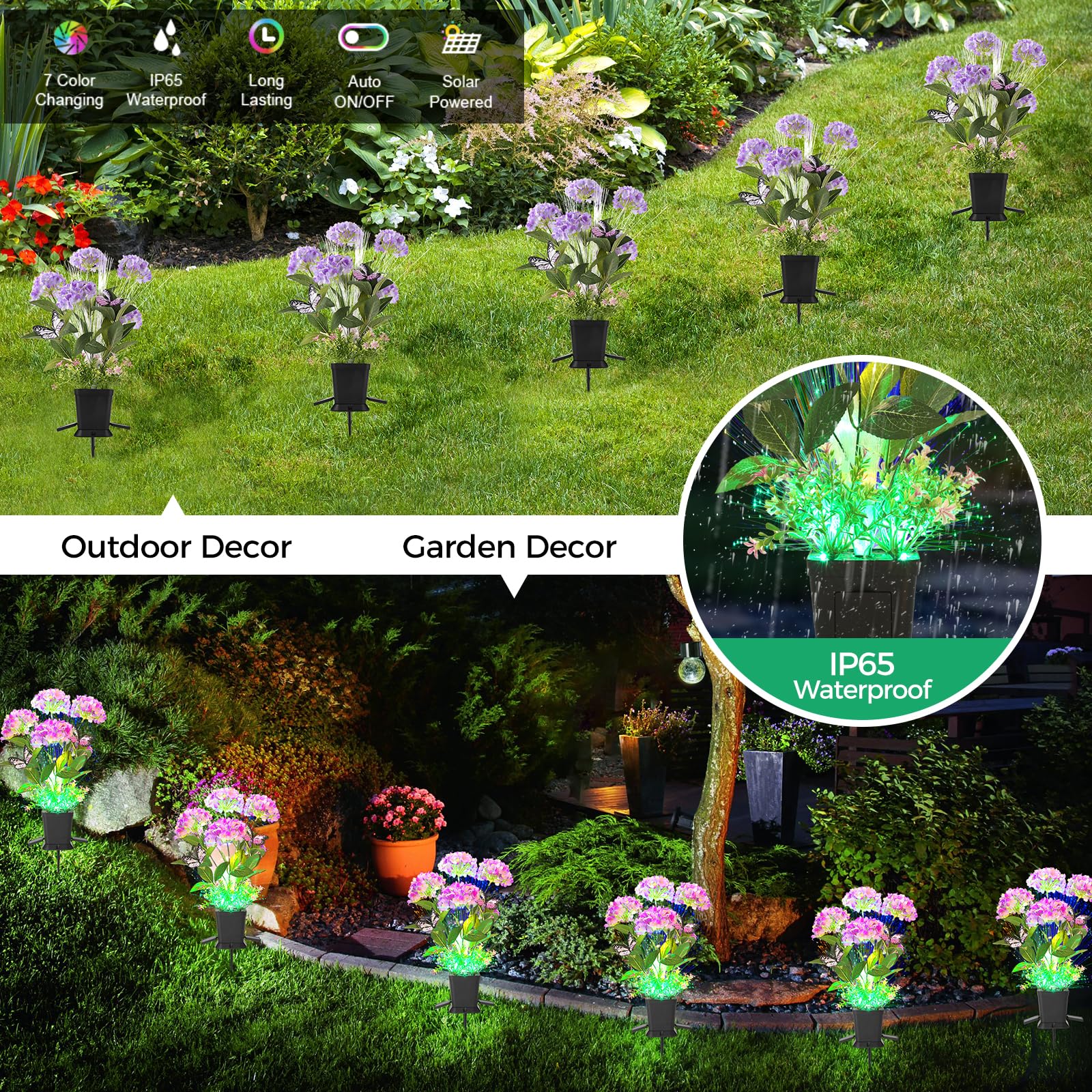Aukora Solar Garden Lights Potted Outdoor With 7 Lights, Hydrangeas, Butterfly & 7-Color Changing Optical Fiber, Decorative Sola