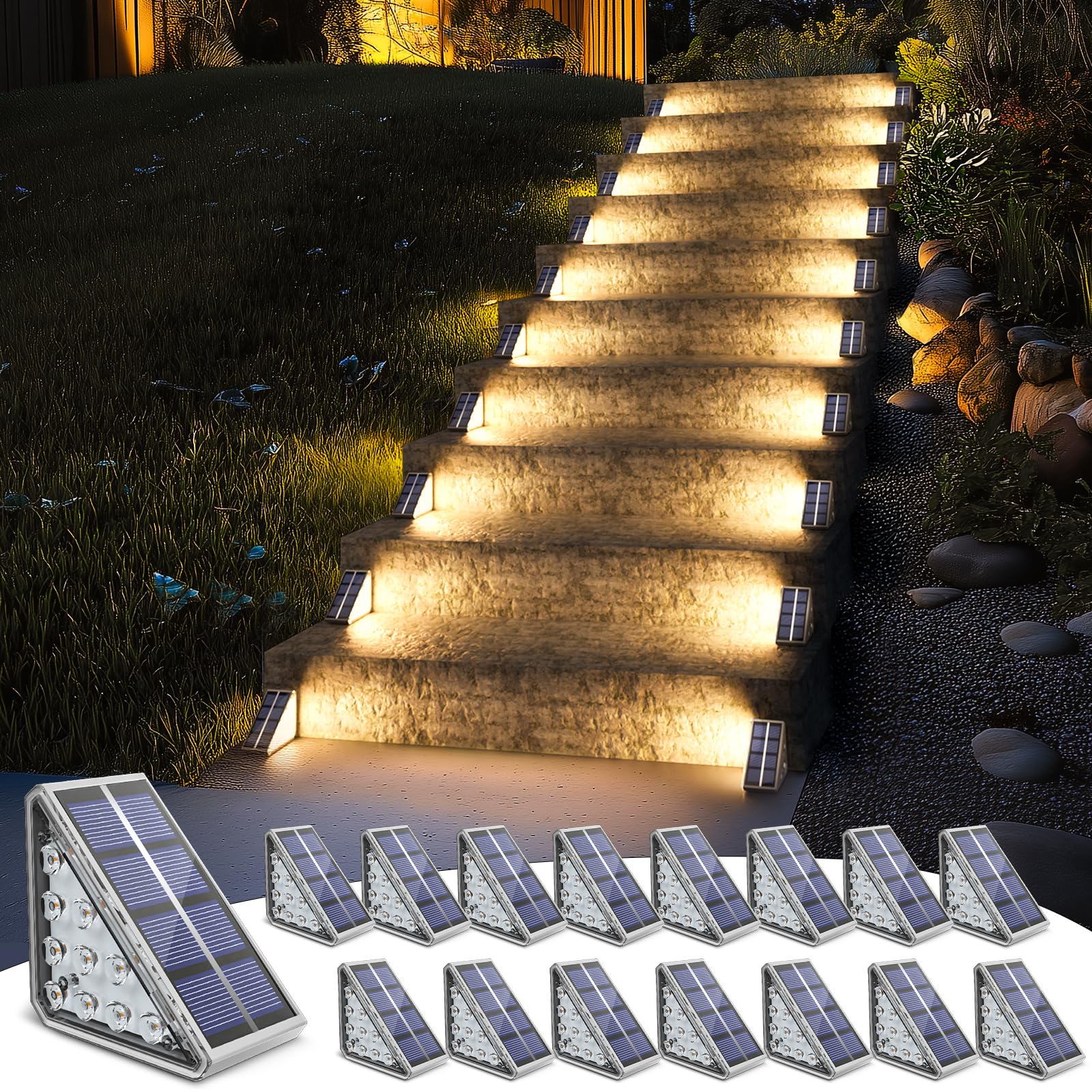 NIORSUN Solar Step Lights, Waterproof Outdoor Stair Lights, 16 Pack, Warm White, Model ABE110-G, for Patio, Yard, Porch, Deck Decor