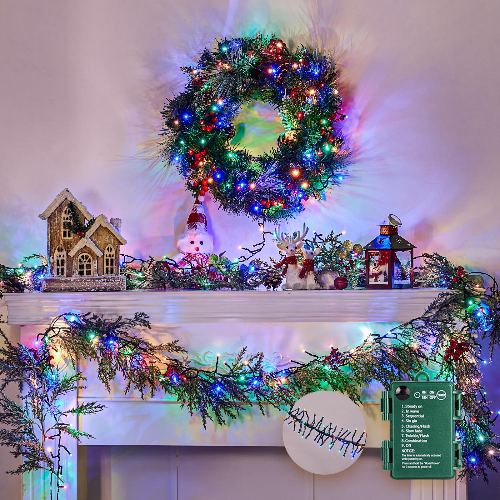 Brightown Christmas Cluster Lights Battery Operated Outdoor, 10Ft 120 LED Christmas Tree Lights Firecracker String Lights Waterproof Twinkle Lights for Indoor Wreath Xmas Tree Decorations, Multicolor