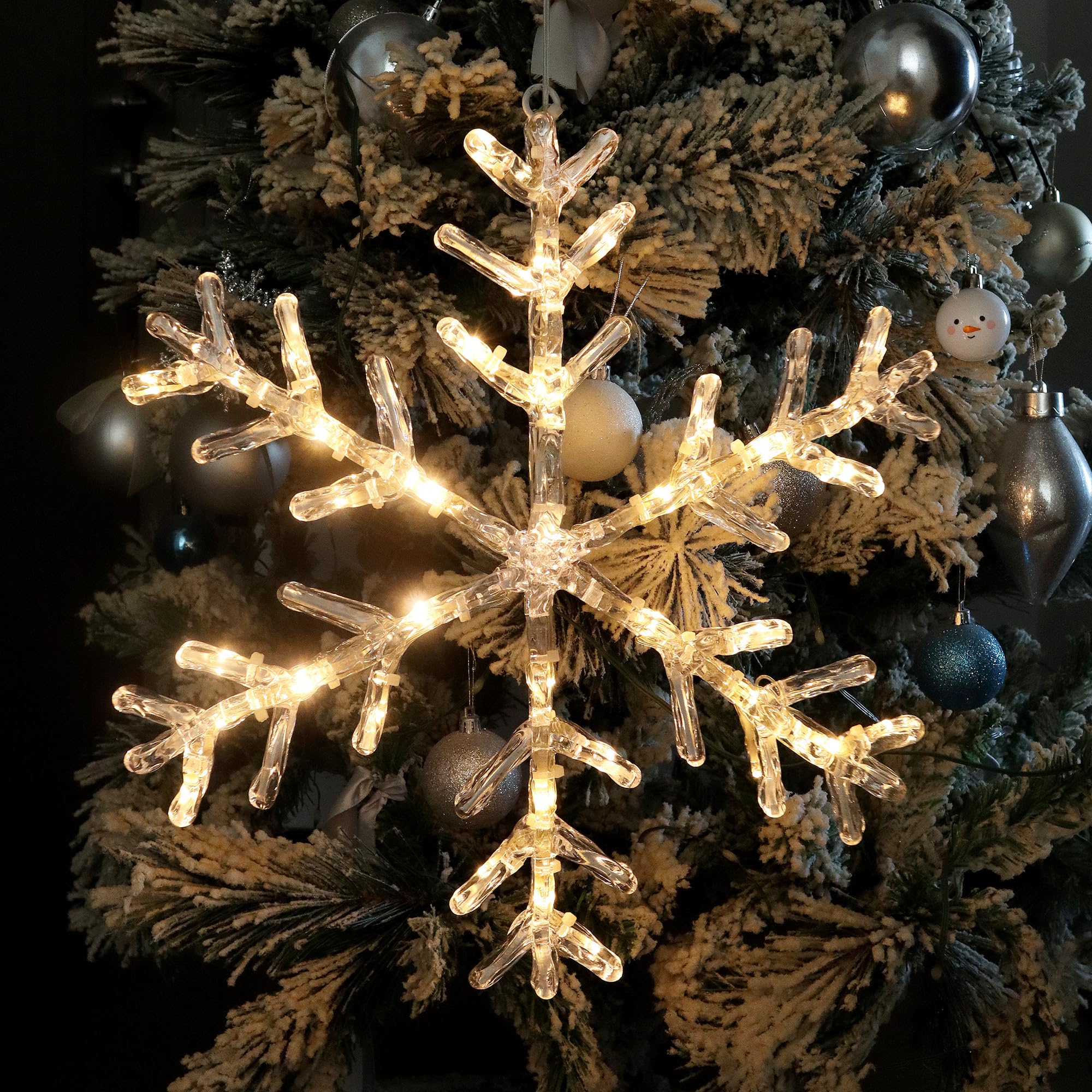 Mycznsyard LED Acrylic Christmas Snowflake Light 13.7 Inch 30 LED with 6 Hours Timer Battery Powered Hanging Light Waterproof De