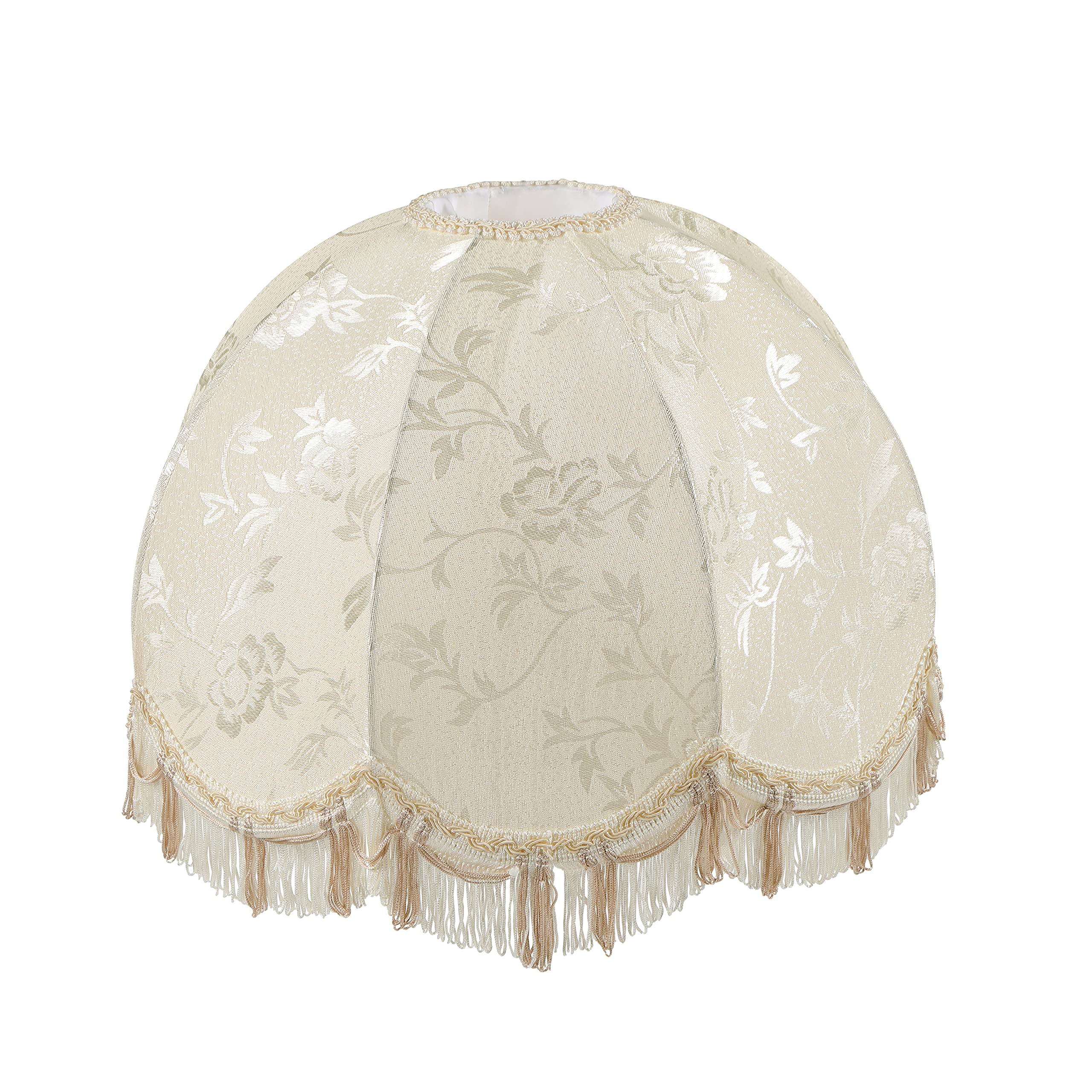 Aspen Creative 34523, Handsewn Scallop Dome Ivory Spider Shade, Jacquard Textured Fabric With Fringe, 4&quot; Top X 16&quot; Bottom X 12&quot; Slant