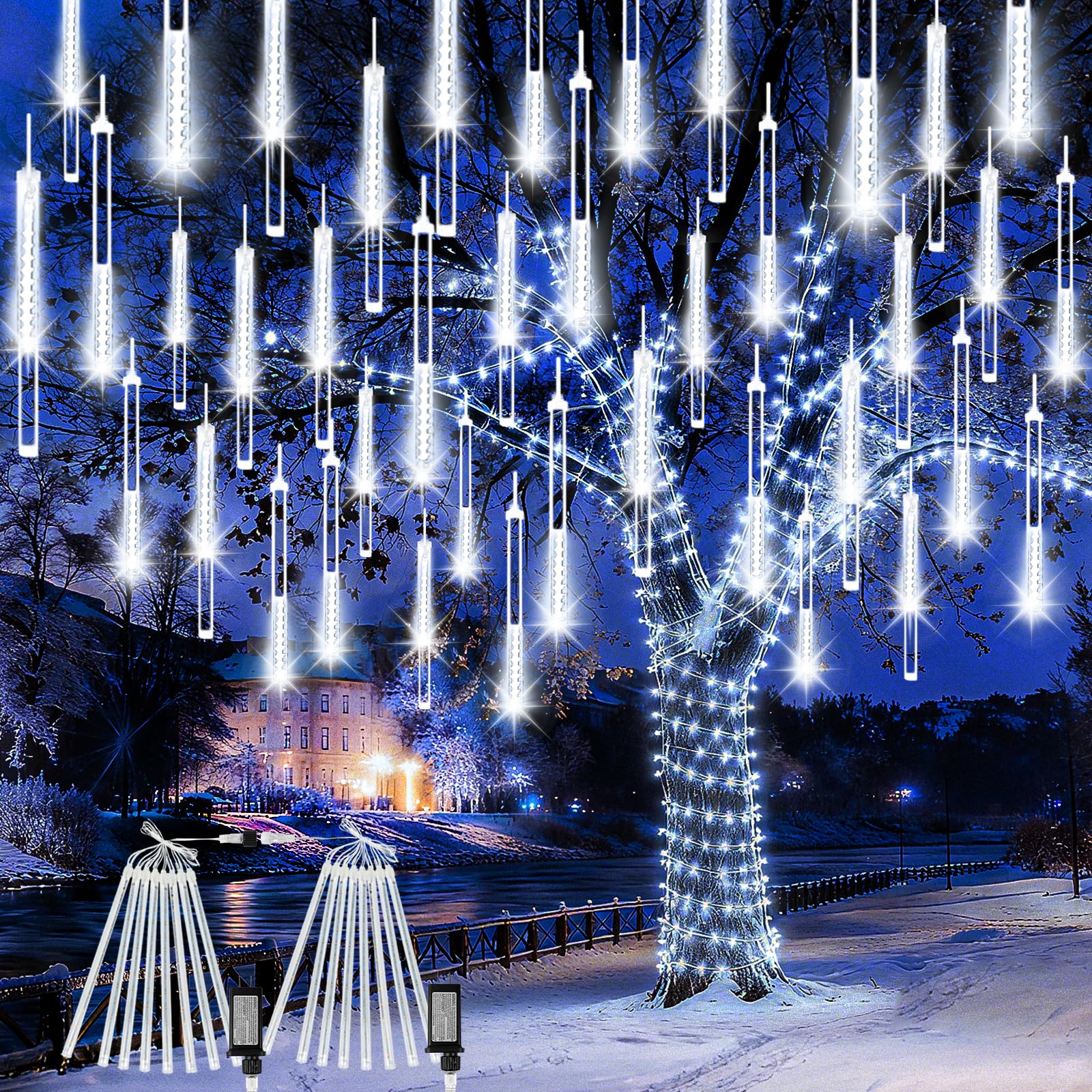 2-Pack Christmas Lights Outdoor  16Tubes 384Leds Extendable Meteor Shower Lights  Falling Rain Light Waterproof Plug In Tree Light For Christmas Backyard Garden Patio Xmas Decoration (Cool White)