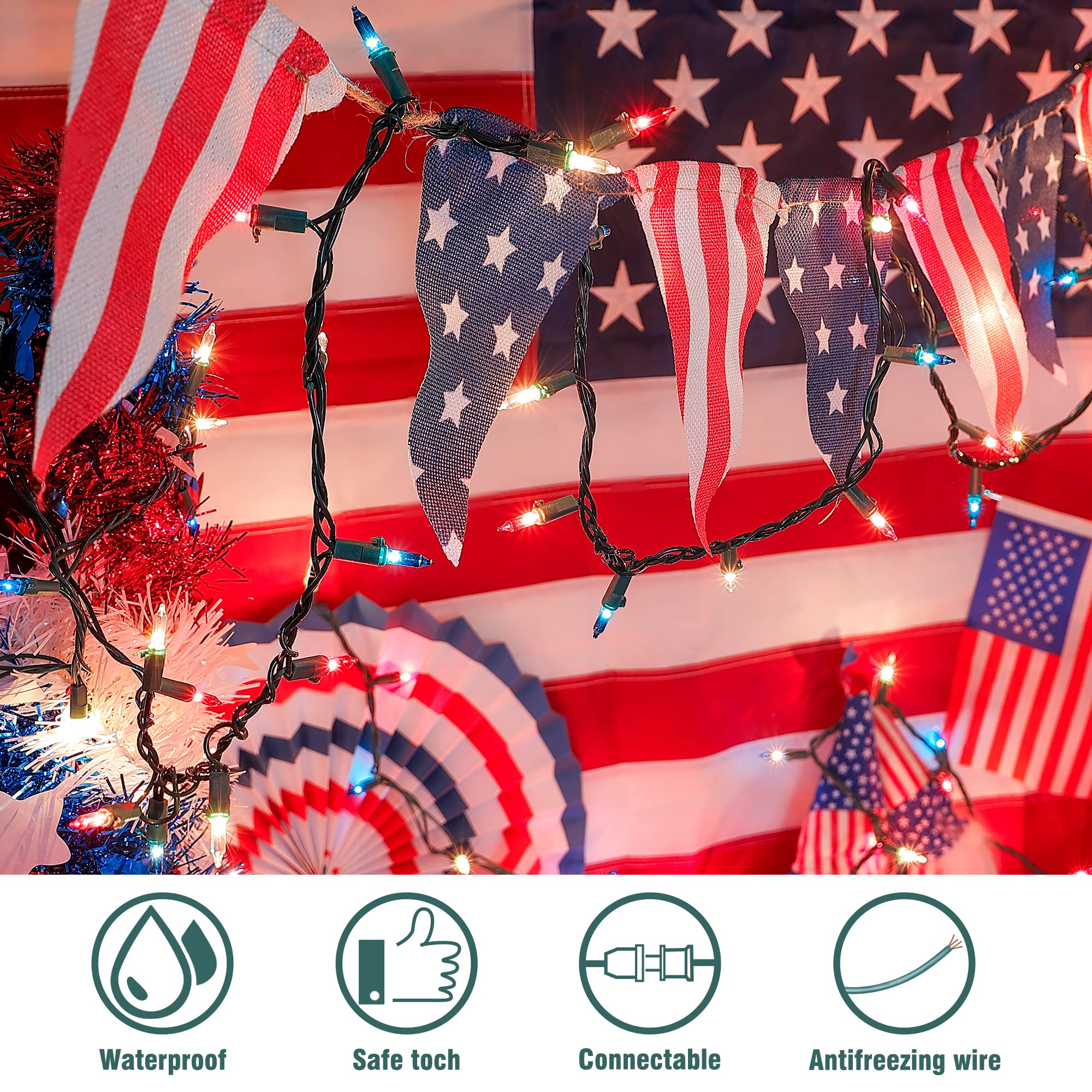 Hopolon 50 Count Red White Blue Mini String Lights, 13Ft Incandescent, 2Pack For 4Th Of July Indoor Outdoor Decor