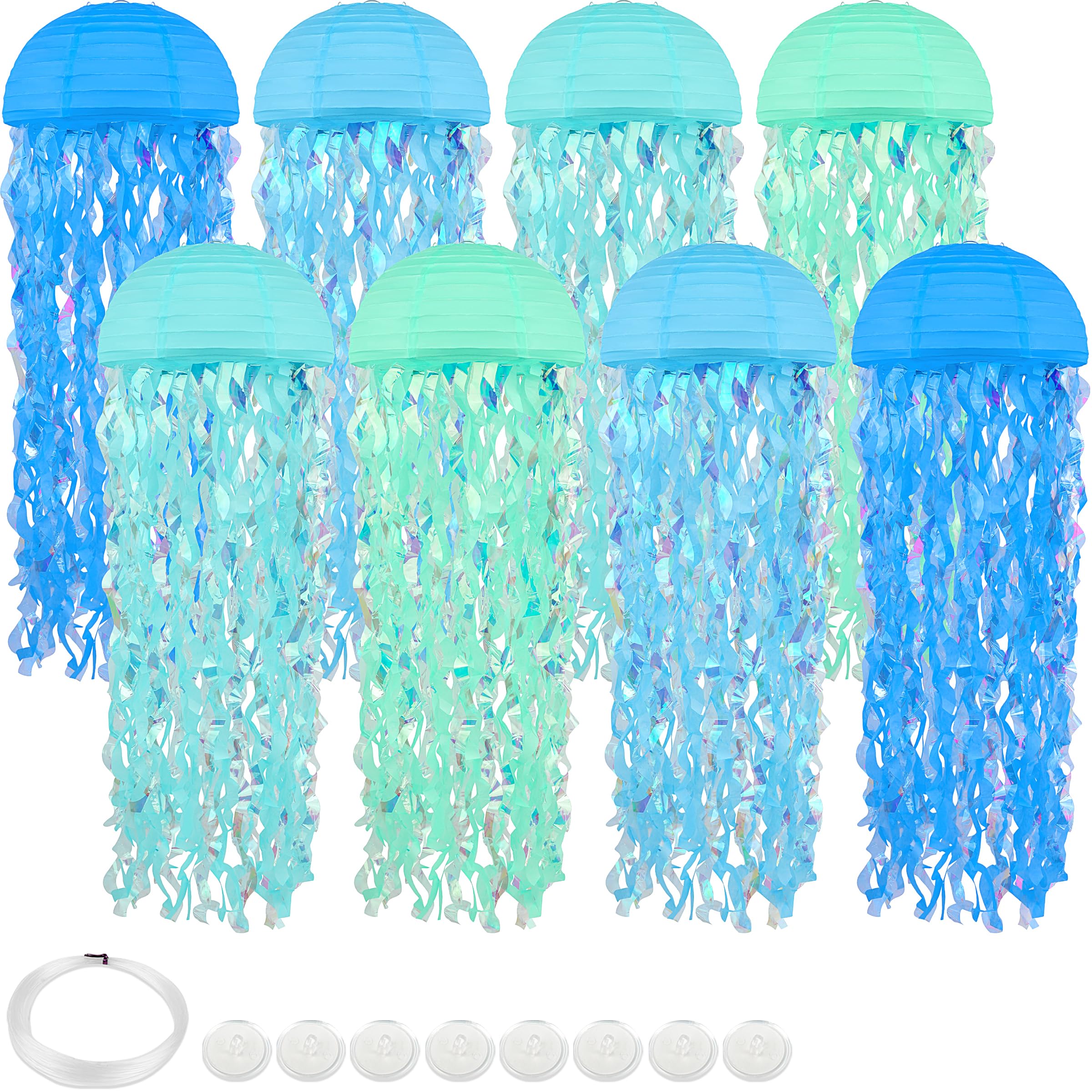 Bisanzoya 8 pcs Jellyfish Paper Lanterns, Multicolor Blue, Hanging Decorations for Ocean Birthday Party, Baby Shower, Classroom