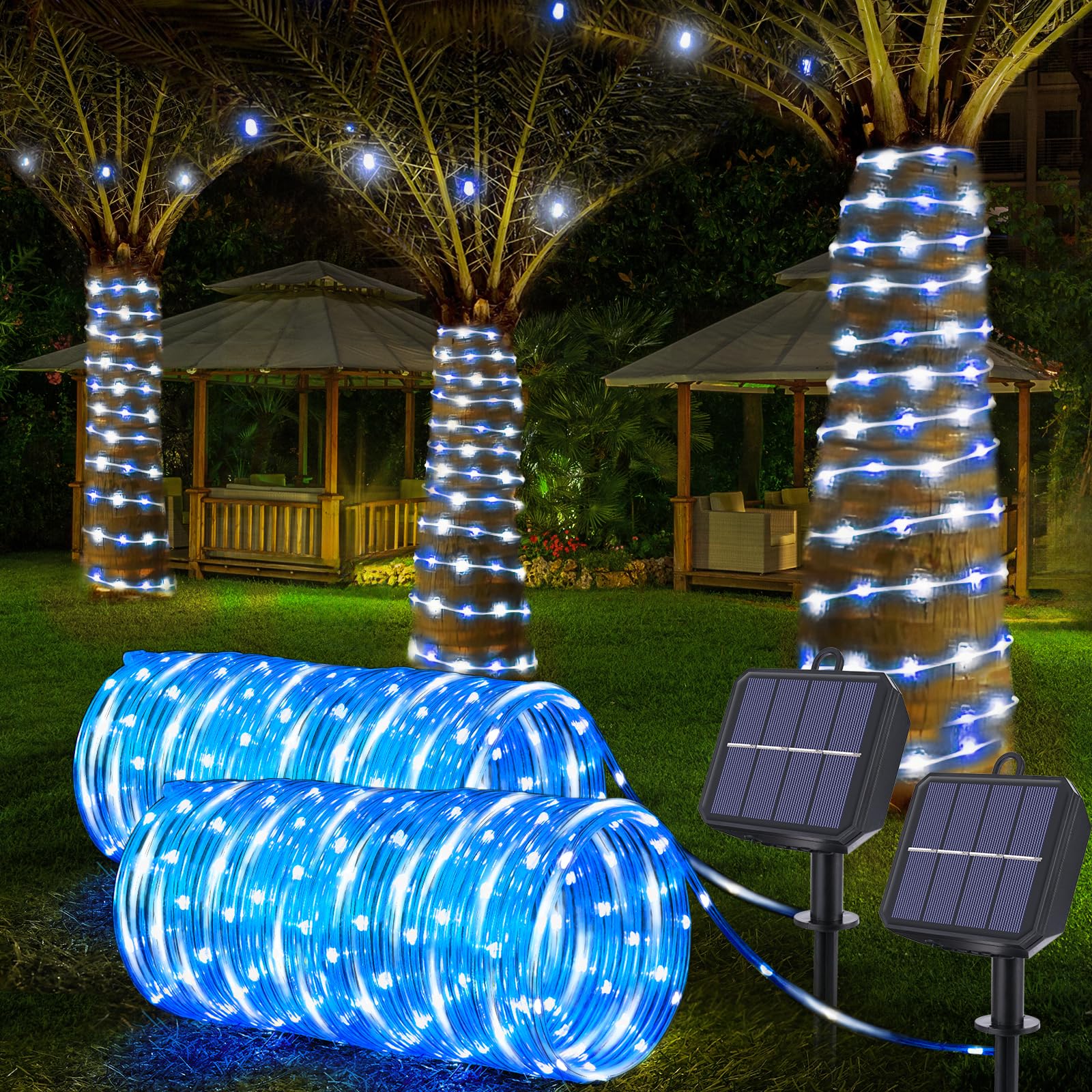 Jnaurb Solar Rope Lights, 132ft 400LED Waterproof String Lights, 8 Modes, Flexible Clear Tube, White & Blue