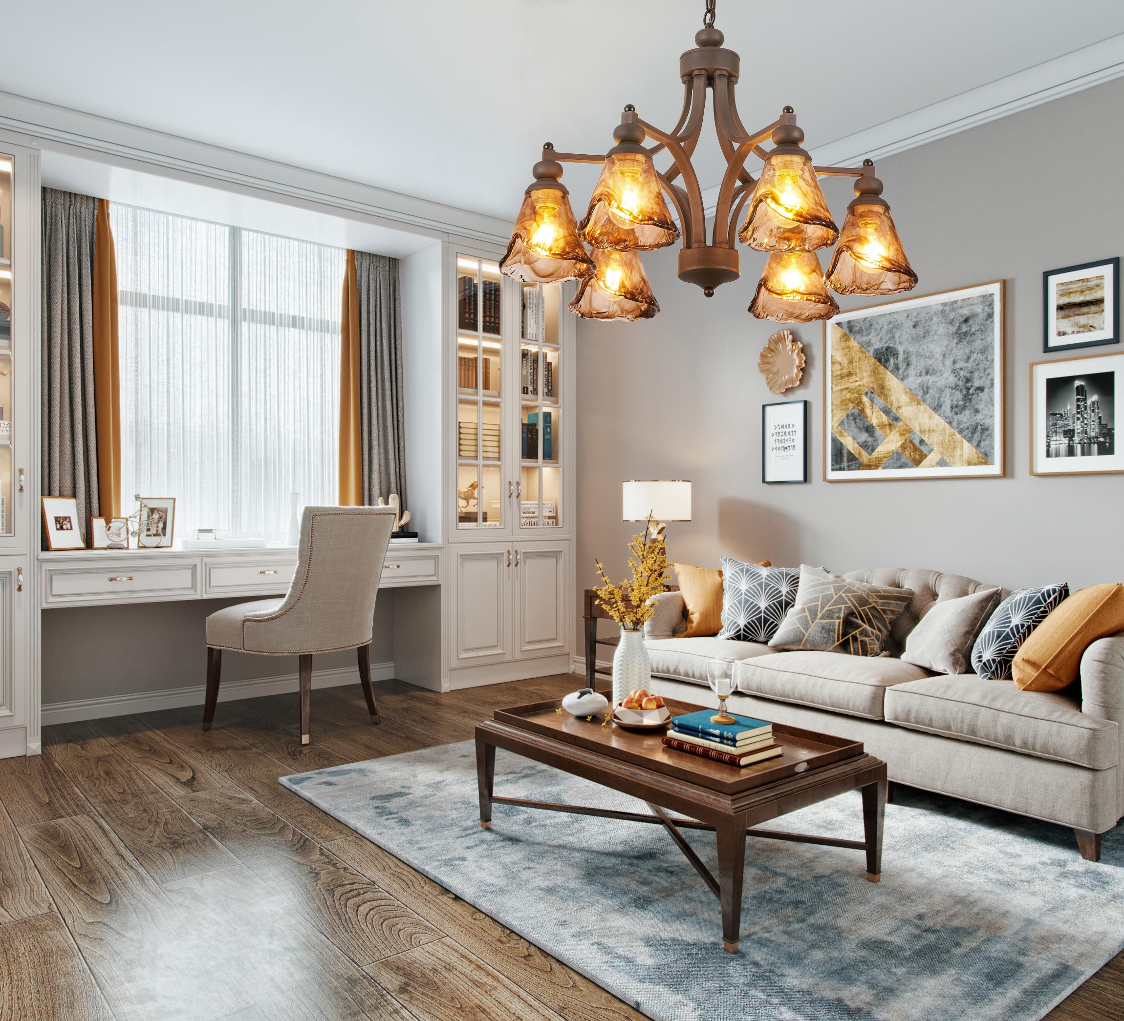 Lanpesting Vintage Farmhouse Chandelier  27 Inch Adjustable Amber Glass Rust-Finish Metal Pendant Light Fixture For Living Room  Bedroom  Dining Room  Kitchen Lighting (6-Light)