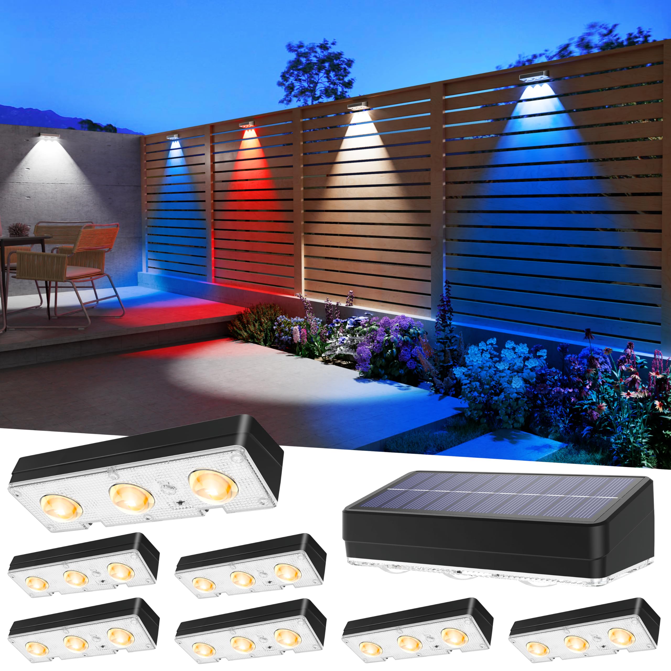 JOFIOS Solar Fence Lights Outdoor Waterproof Led  8Pack 1300mAh  6 Inch Solar Lights for Fence with Warm White & RGB 8 Colors  Outdoor Solar Lights for Patio  Backyard  Deck  Fence  Railing (Black)