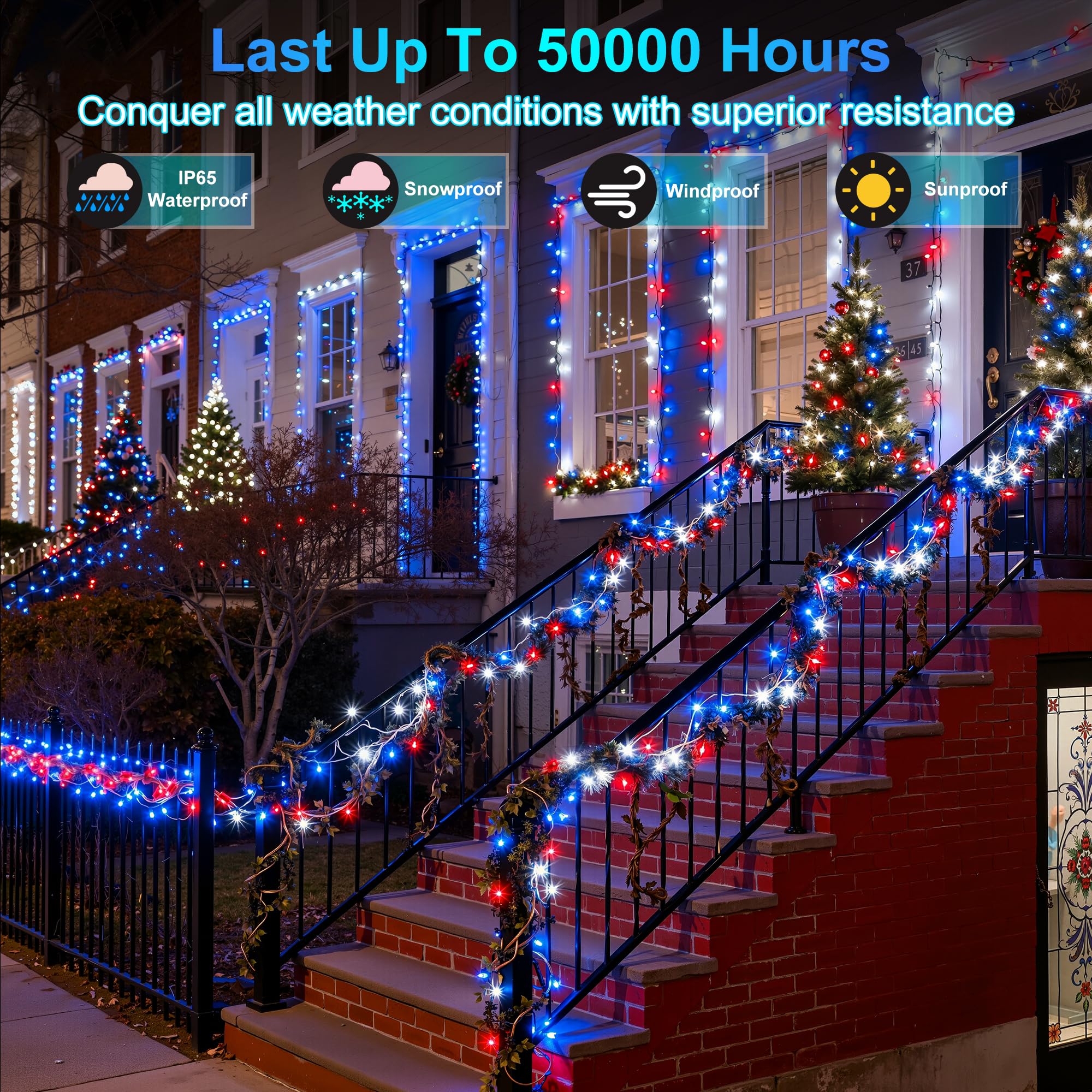 XIKENGSHQ 240FT 750LED Christmas Lights - Waterproof Red, Blue & White, 12 Modes, Timer, Dimmable, Green Wire for Indoor/Outdoor Decor