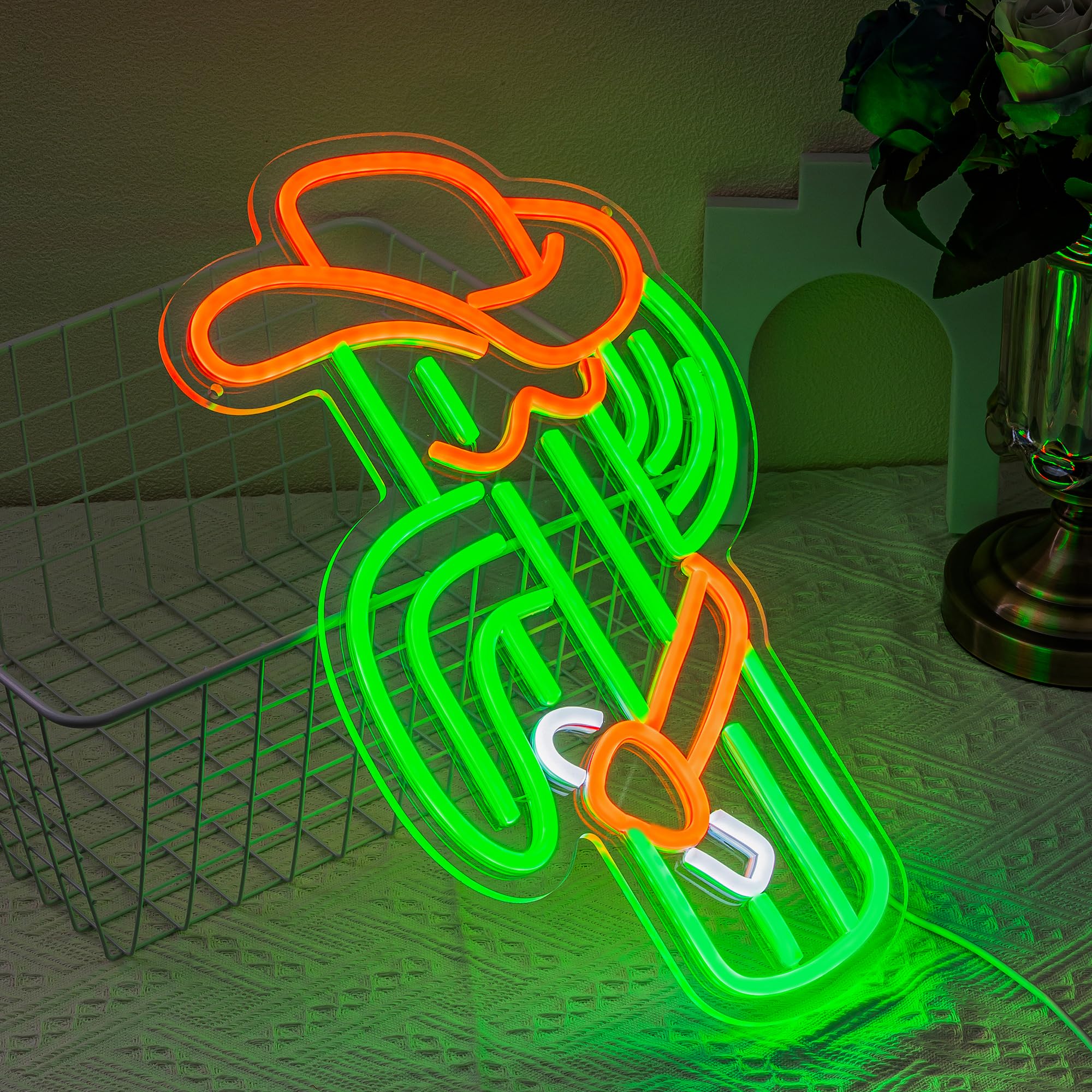 SUYUZUR Cactus Neon Sign - Cowboy Hat LED Wall Decor, Green Acrylic, Model SLY-04, Colorful Light for Bedroom, Bar, Game Room
