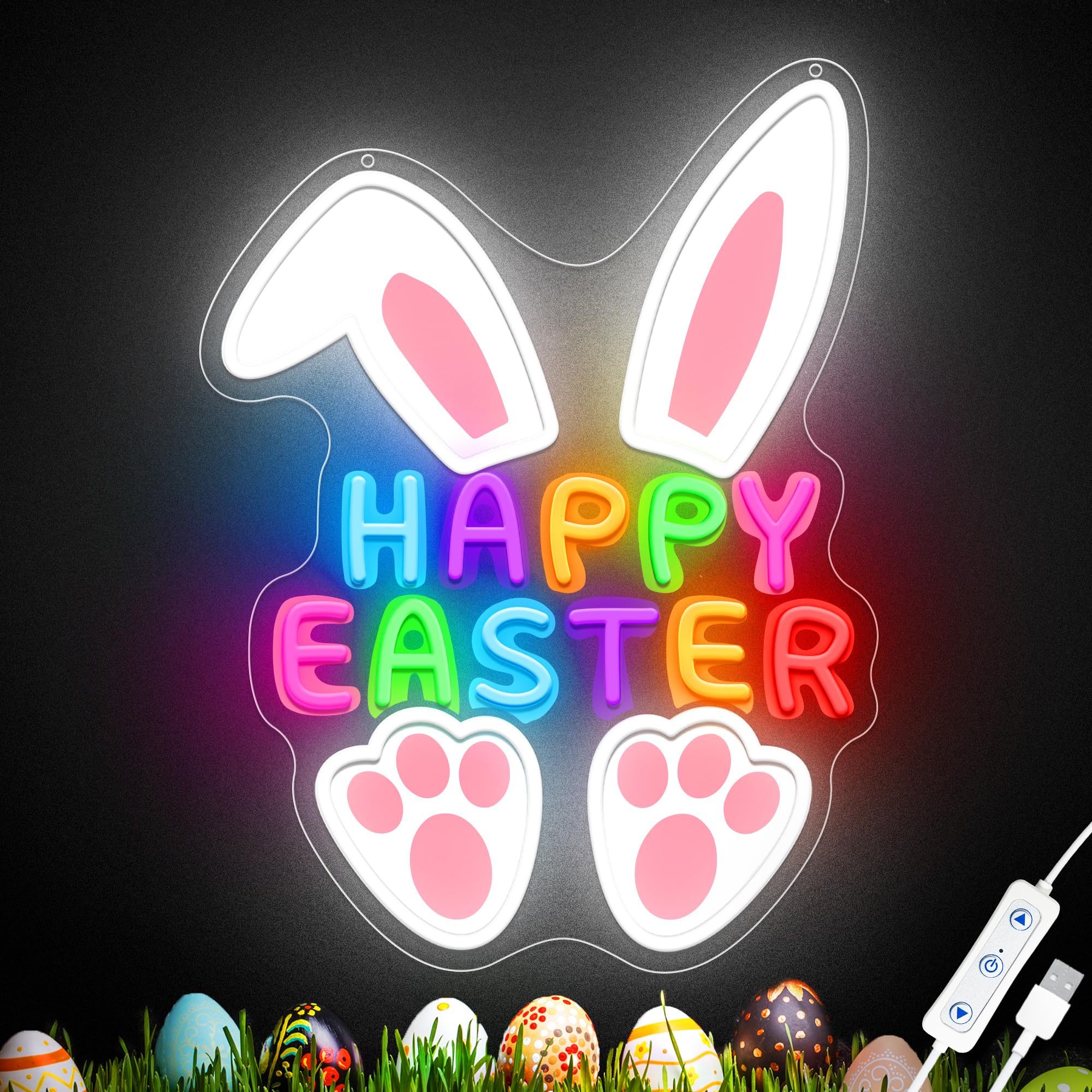 SELICOR Happy Easter Neon Sign,LED Bunny Egg Wall Decor, USB Dimmable Easter Party Decor for Easter Morning Surprises, Church Ev