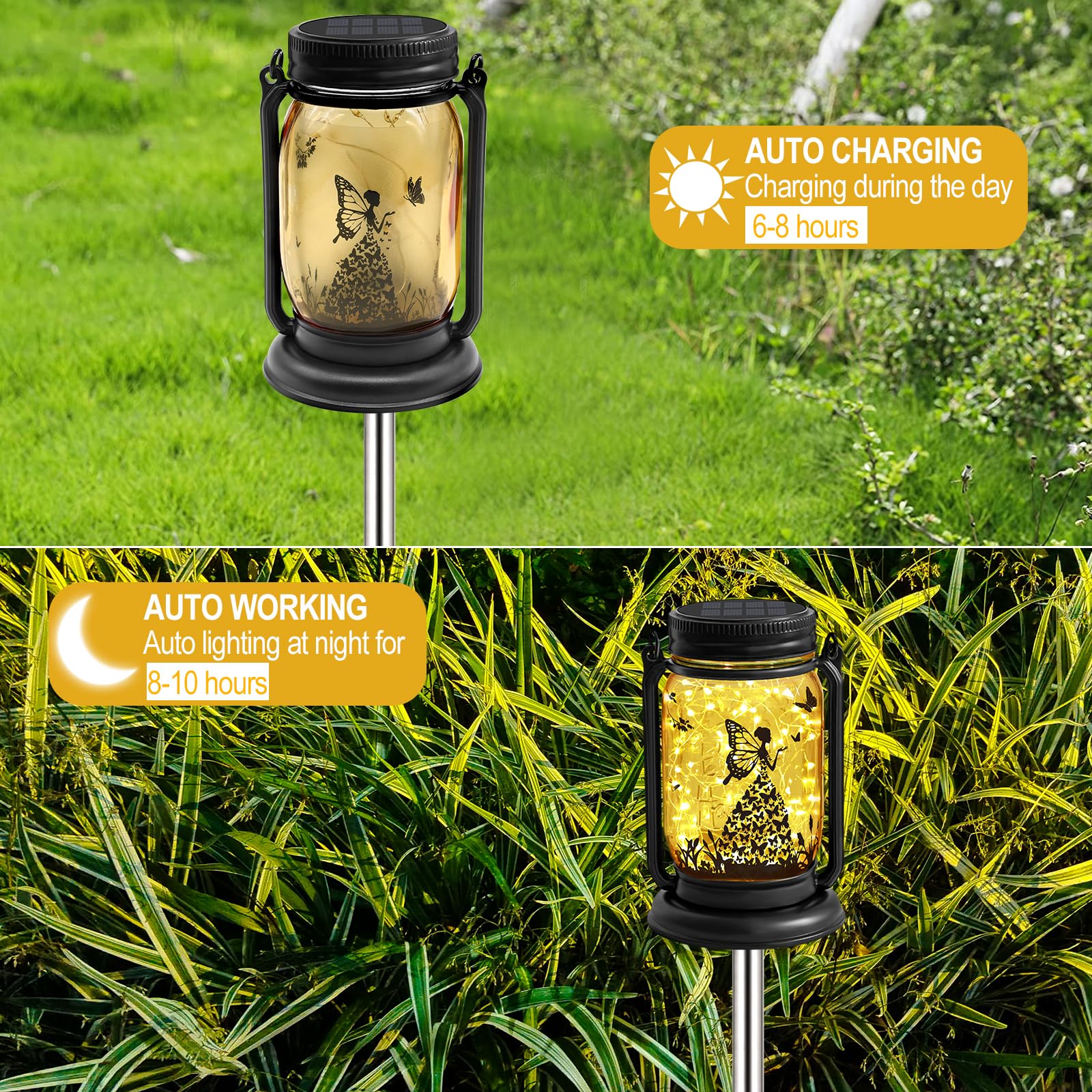 Yjfwal 2 Pack Outdoor Hanging Solar Lanterns, Fairy Butterfly Vintage Glass Mason Jar Solar Fairy Lights, Gifts For Mom, Grandma