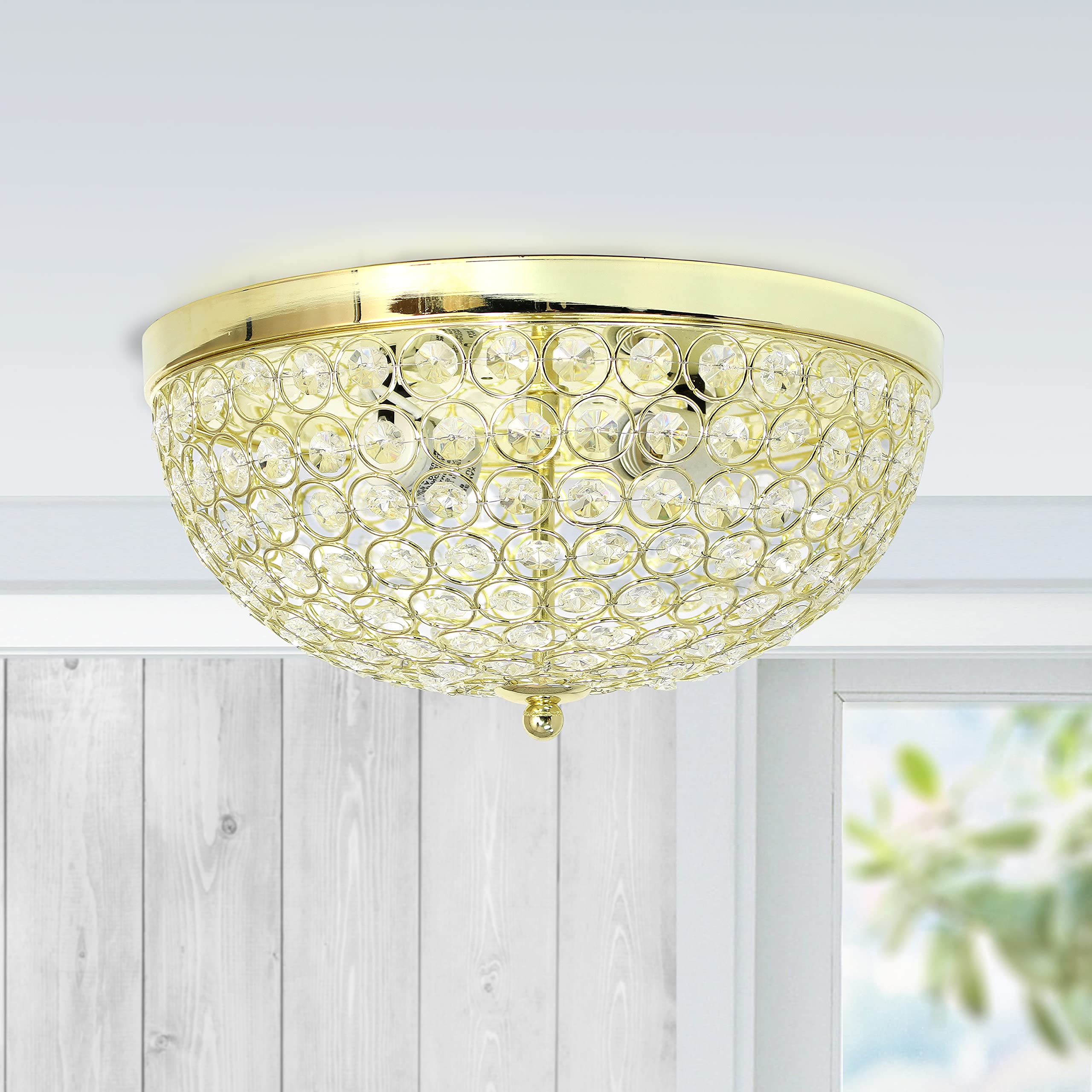 Elegant Designs Fm1000-Gld-2Pk Elipse Crystal 13 Inch Modern Metal 2 Light Bowl Shaped Ceiling Flush Mount Fixture 2 Pack, Gold