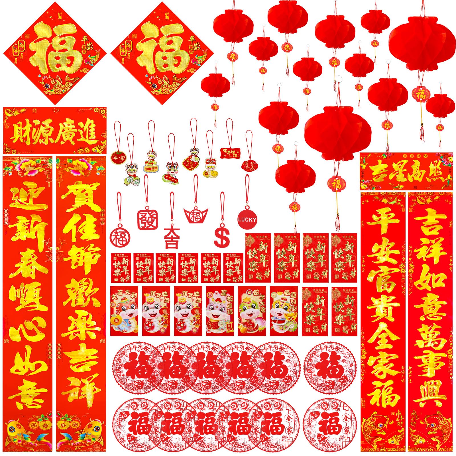 66PCS Chinese New Year Decoration 2025 Lunar New Year Decor Red Paper Lanterns Envelopes Hong Bao Felt Hanging Ornaments Fu Char