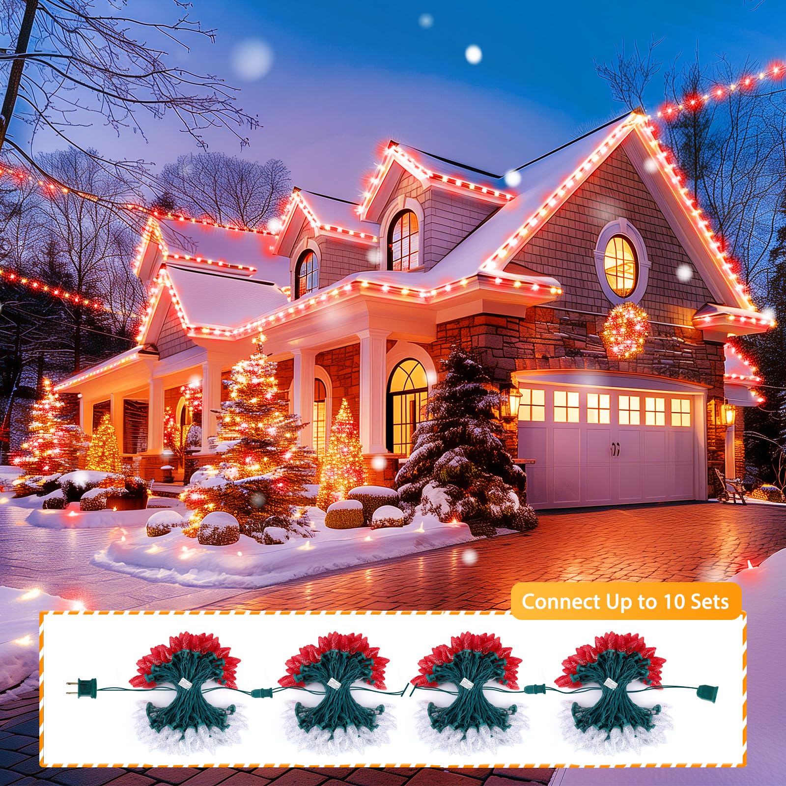 Brightown C9 LED Christmas String Lights, 200 LEDs, 132ft, Waterproof, Red and Warm White, Model 5-100/2F/C-033
