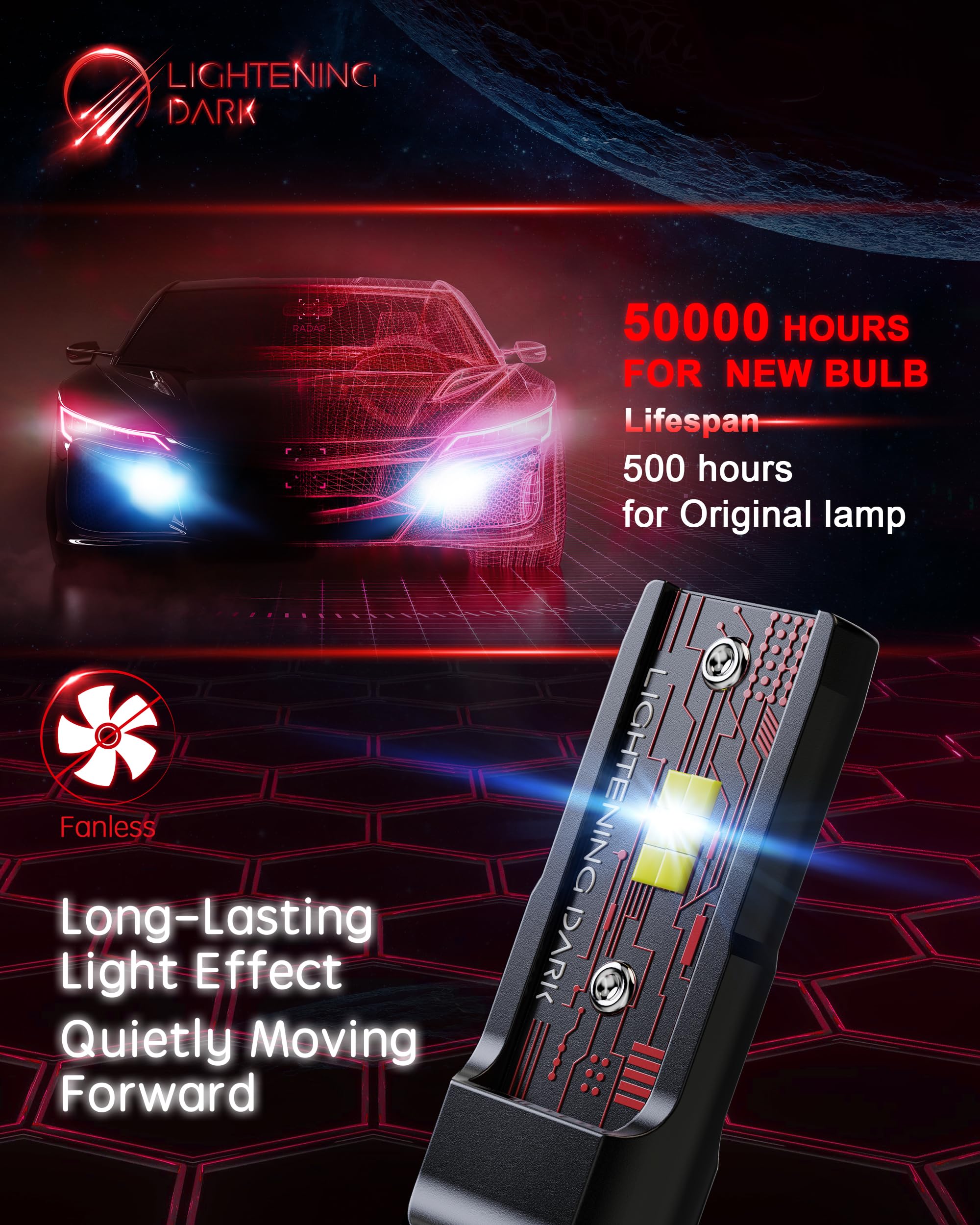 LIGHTENING DARK H11 Light Bulb Pack of 2, 6500K Xenon White, Aluminum, H8/H9 Compatible, Wireless Fanless