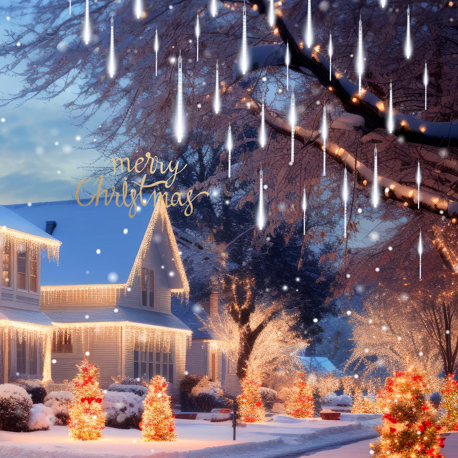 Minetom Meteor Shower Lights Outdoor, 16 Inch 2 Pack Total 16 Tubes 576 Led Icicle Lights, Waterproof Meteor Christmas Lights Ou