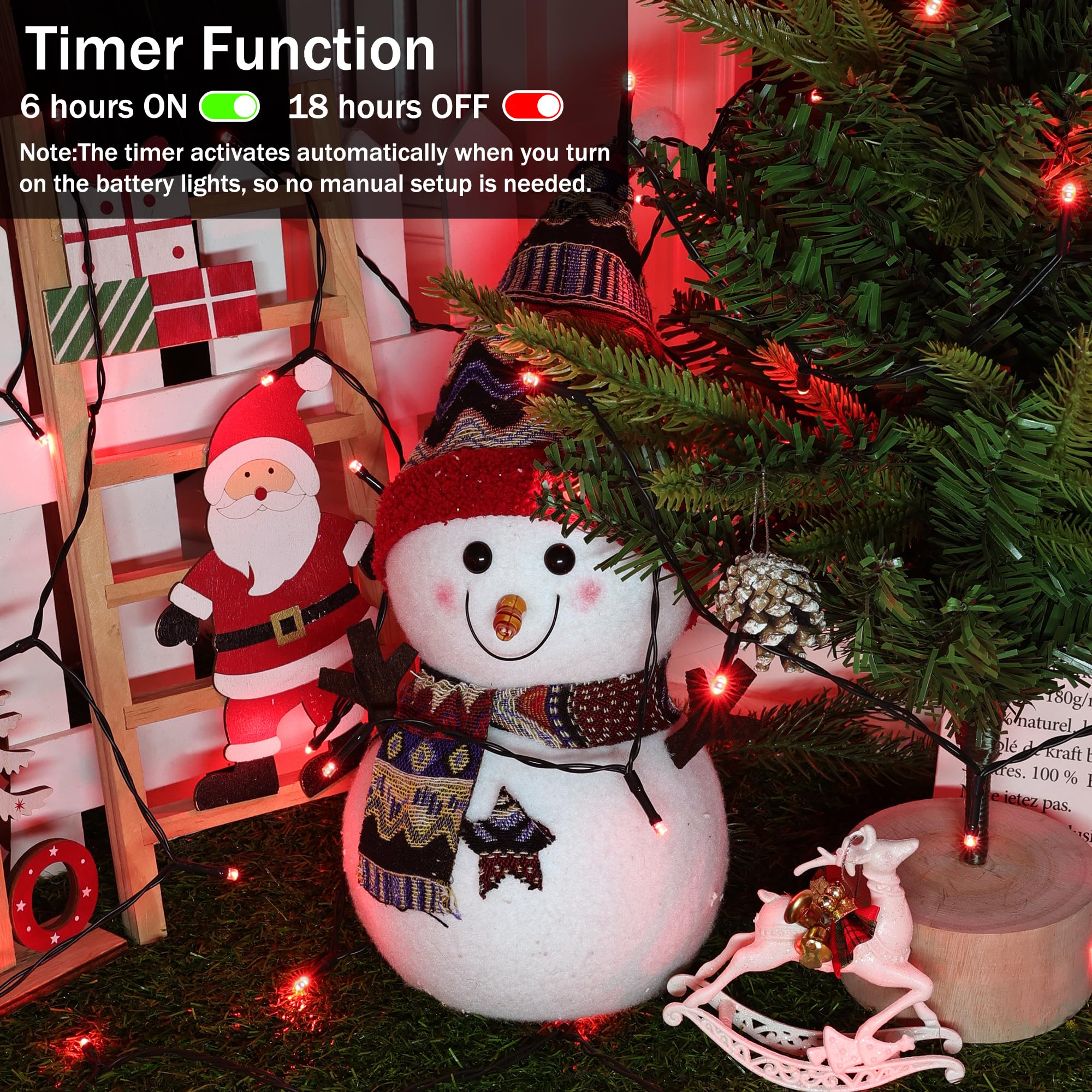 Lomotech Battery Operated Christmas Lights - 4 Pack Total 66Ft 200Leds String Lights 8 Modes Waterproof With Timer For Home  Garden  Party  Holiday  Tree Decoration (Green Wire  Red)