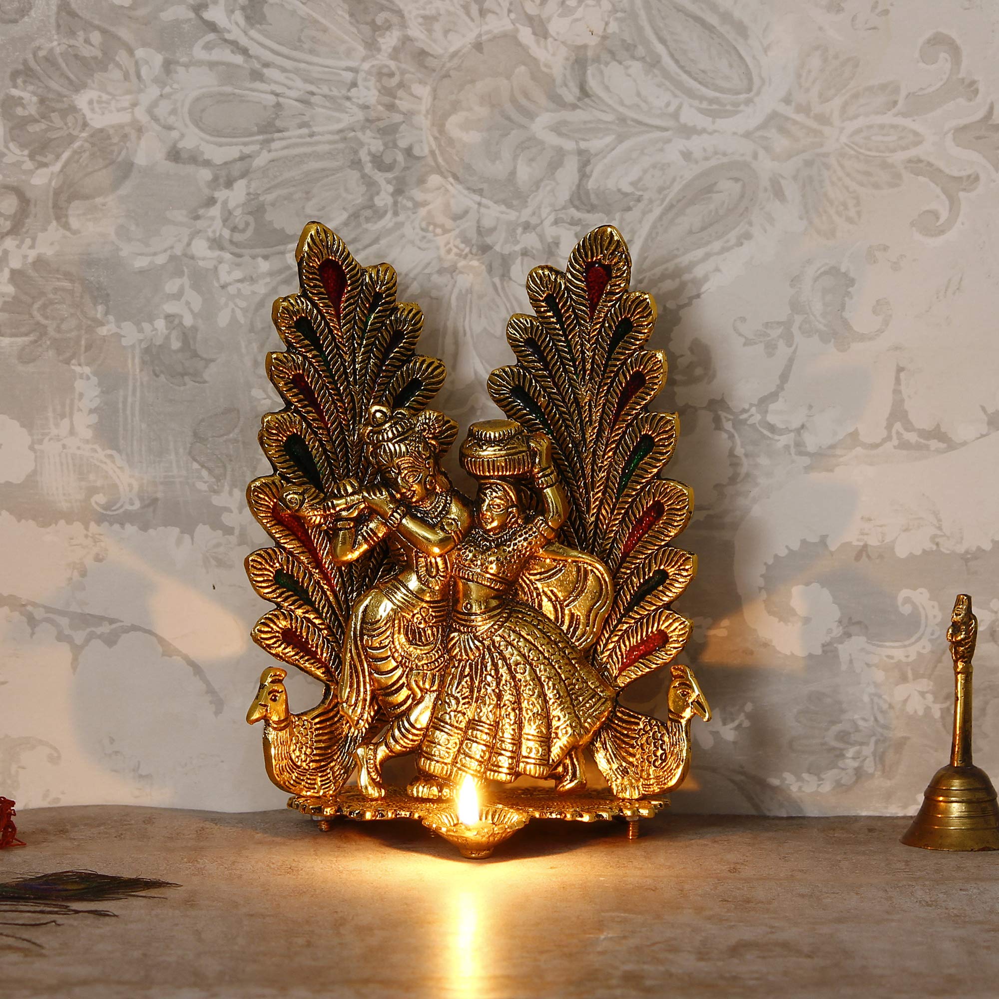 eCraftIndia Decorative Golden Metal Radha Krishna Idol with Diya Decorative Showpiece for Home Decor Pooja Room Temple & Gift