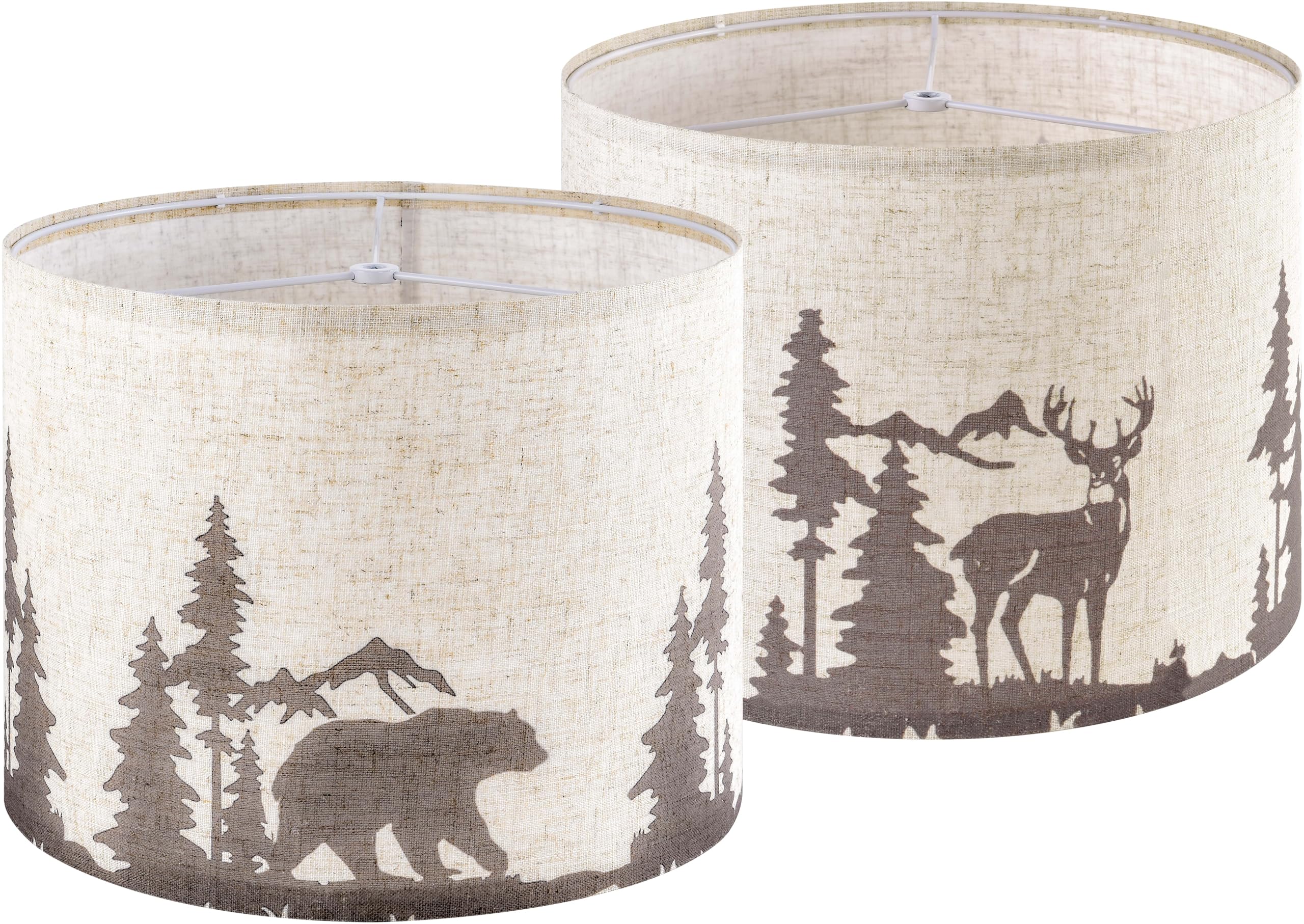 Go&So Drum Lampshades Set Of 2 Medium Beige Bear & Deer Lamp Shades For Table Lamps -13" Top X 13" Bottom X 10" High (Spider) Vintage Replacement Lampshade Printed Natural Linen Required Assembly