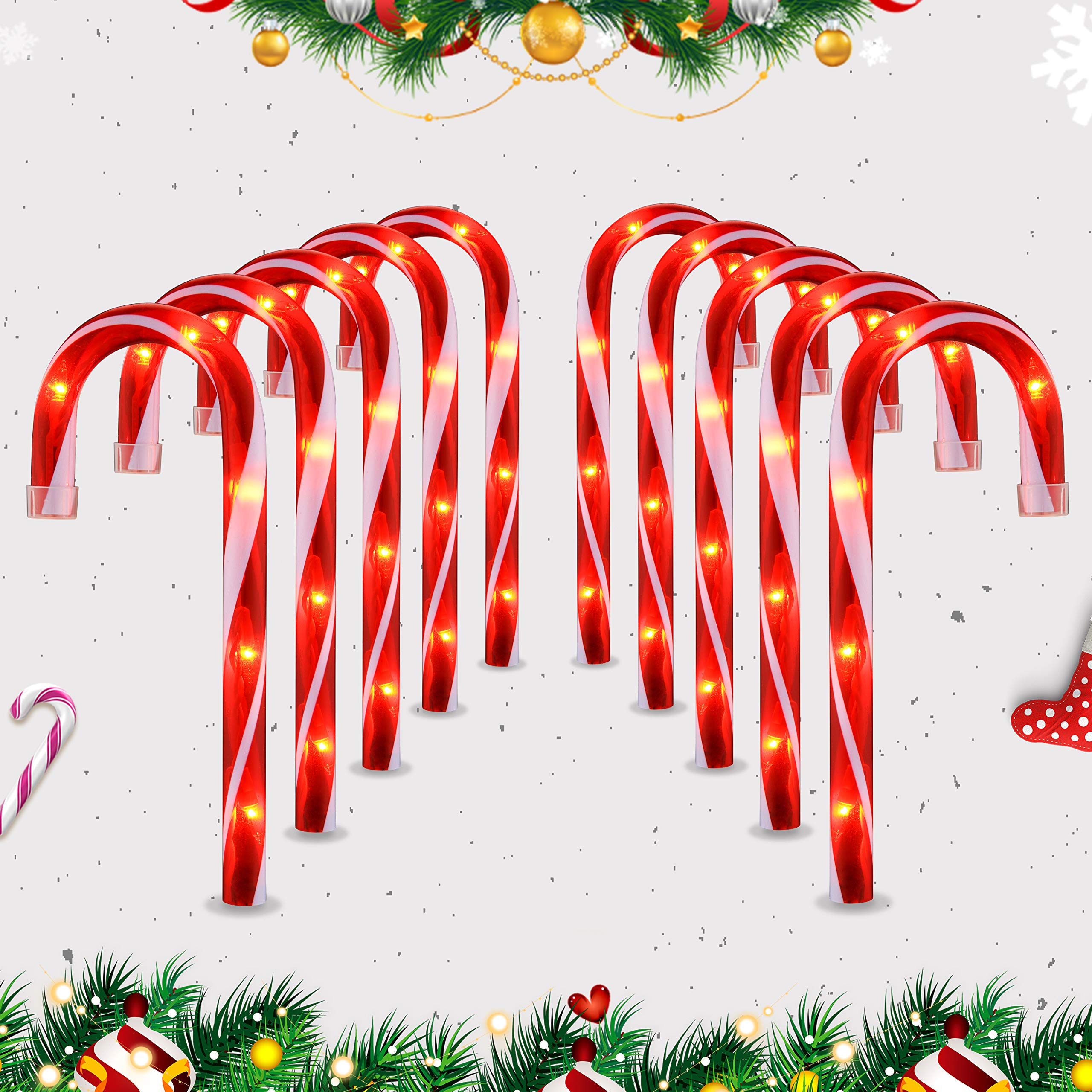 10'' Christmas Candy Cane Lights (10PCS) for Landscape Decoration,Red & White Pathway Makers Lights (Include Stakes)