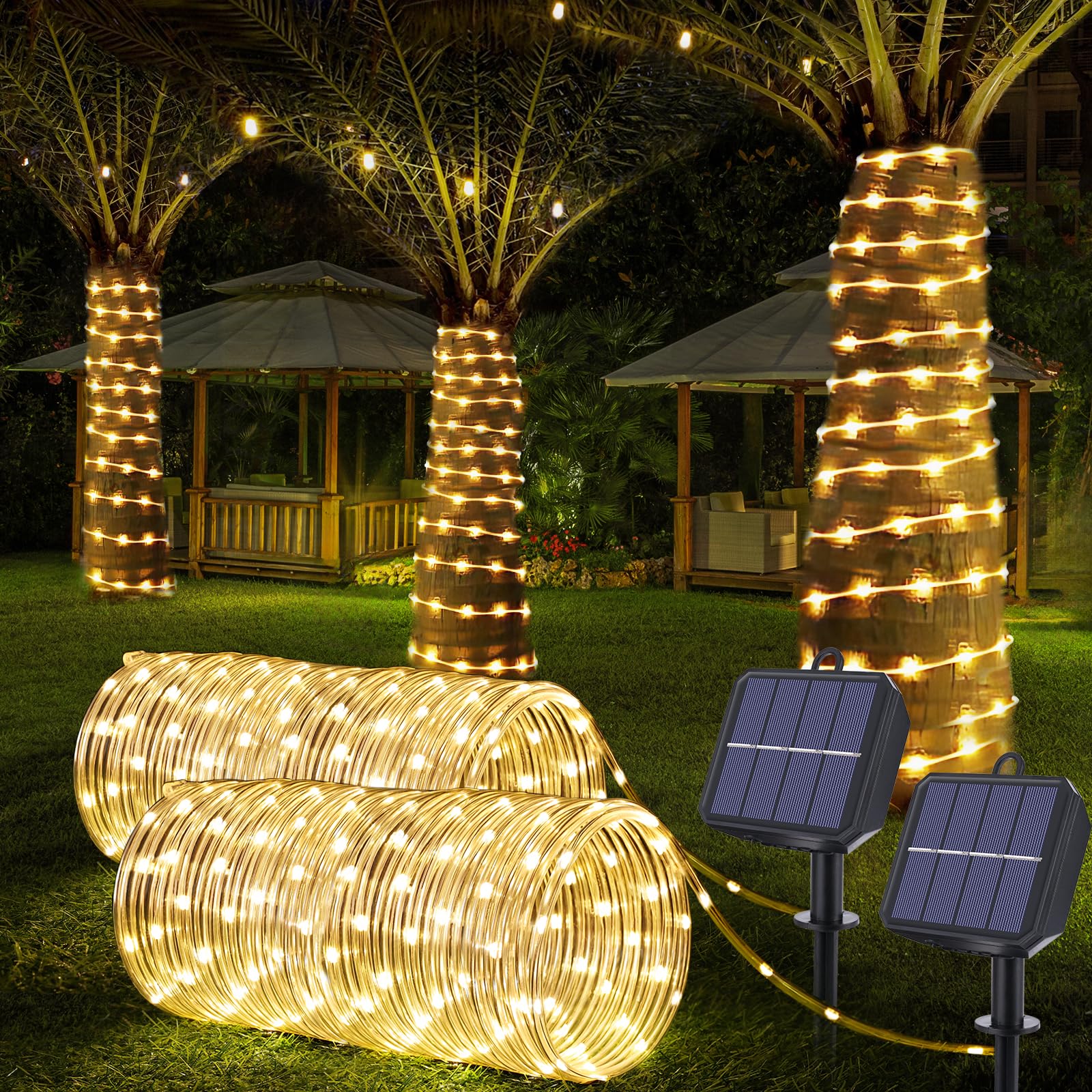 Jnaurb Solar Rope Lights, 66ft 200LED, Waterproof, Flexible Plastic, Warm White, 8 Modes, Outdoor Decor