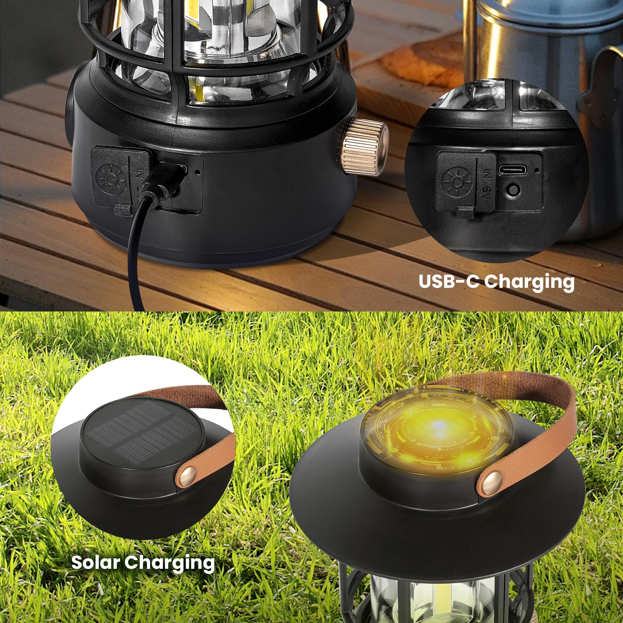 TrixHub Solar Camping Lantern 2Pack, Rechargeable LED Lantern with COB, Waterproof, Dimmable Tent Lamp, Retro Portable Lightweig