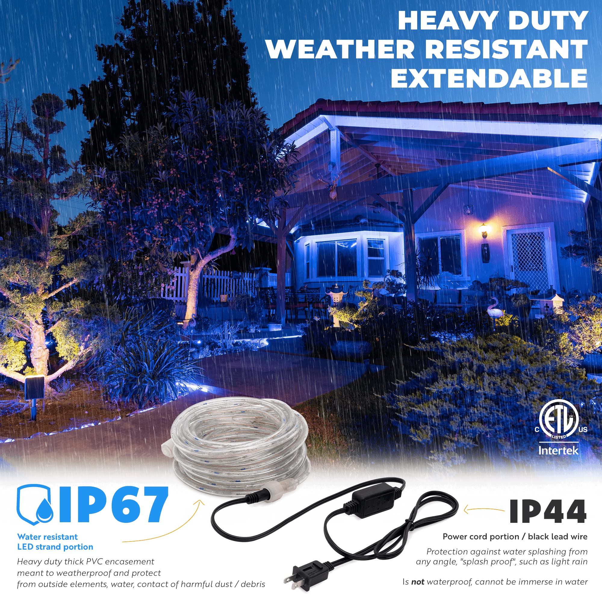Wyzworks 288Leds, 25Ft Led Outside Rope Lights, Waterproof Permanent Outdoor Etl Certified Connectable Clear Tube, Christmas Palm Tree Holiday Decorative Landscape Patio Accent Lighting - Blue