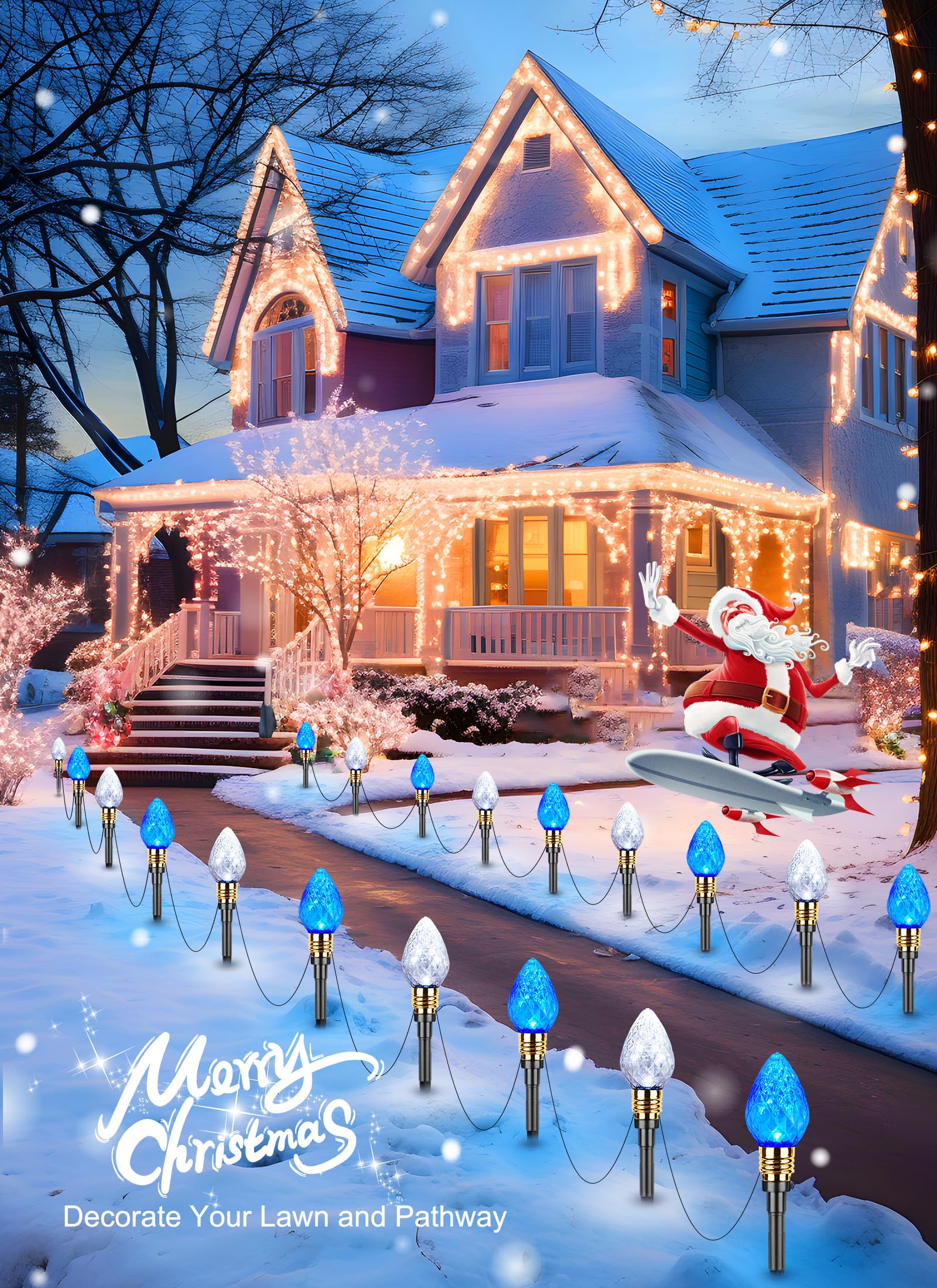 Brightown Christmas Pathway Lights - 2 Pack, 20 LED, 34.8 Feet, Blue & Pure White, GY-C-50.6-U-B1, Outdoor Yard Decorations