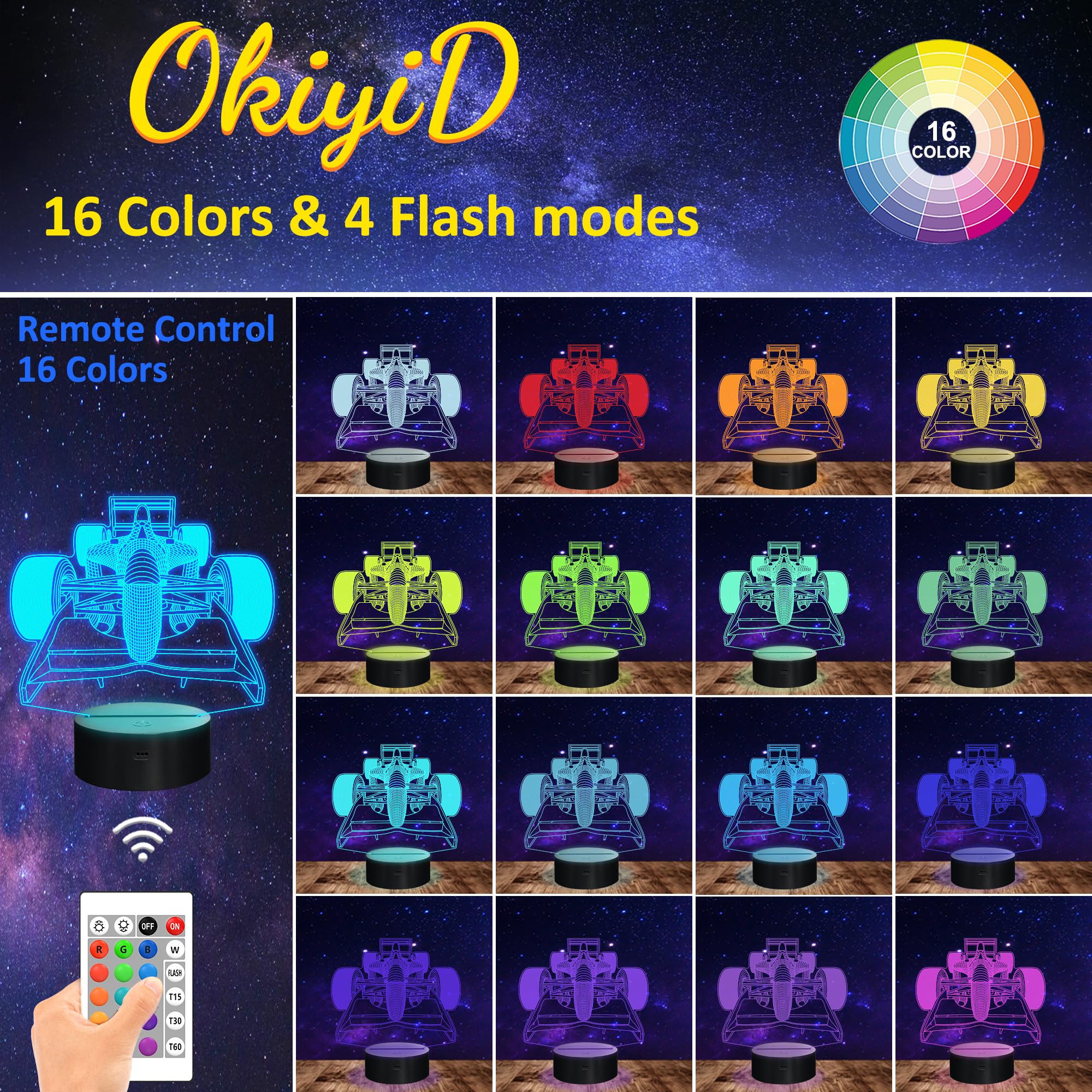 OkiyiD 3D Illusion Lamp, Formula 1 Racing Car Night Light, Remote Control, 16 Colors, Model FS-2810-9999, Color 15