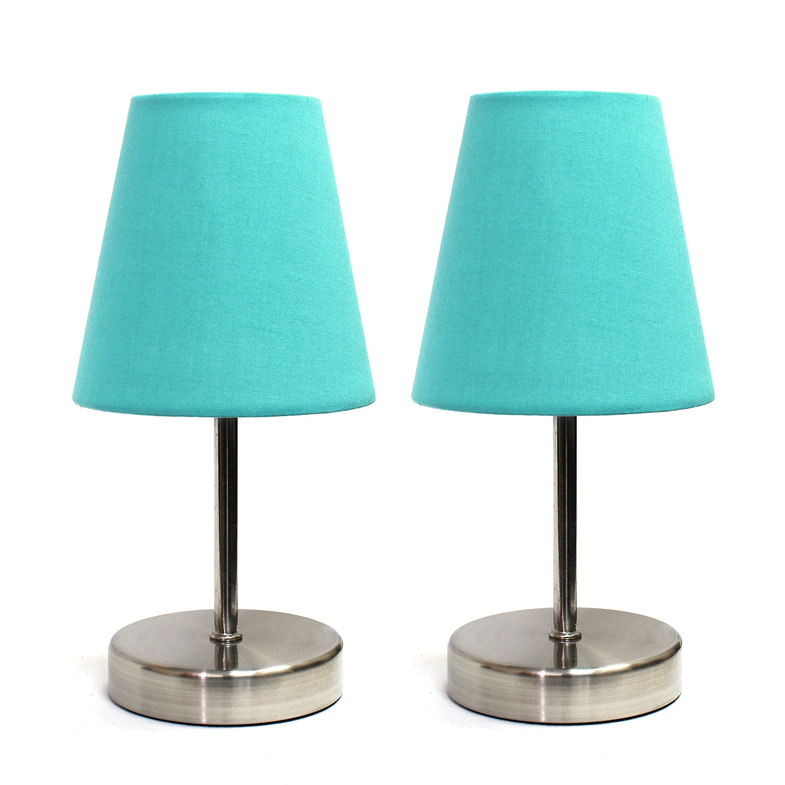 Simple Designs Lt2013-Blu-2Pk Mini Basic Two Pack Sand Nickel Table Lamp With Fabric Shade Set, Blue, 2 Count