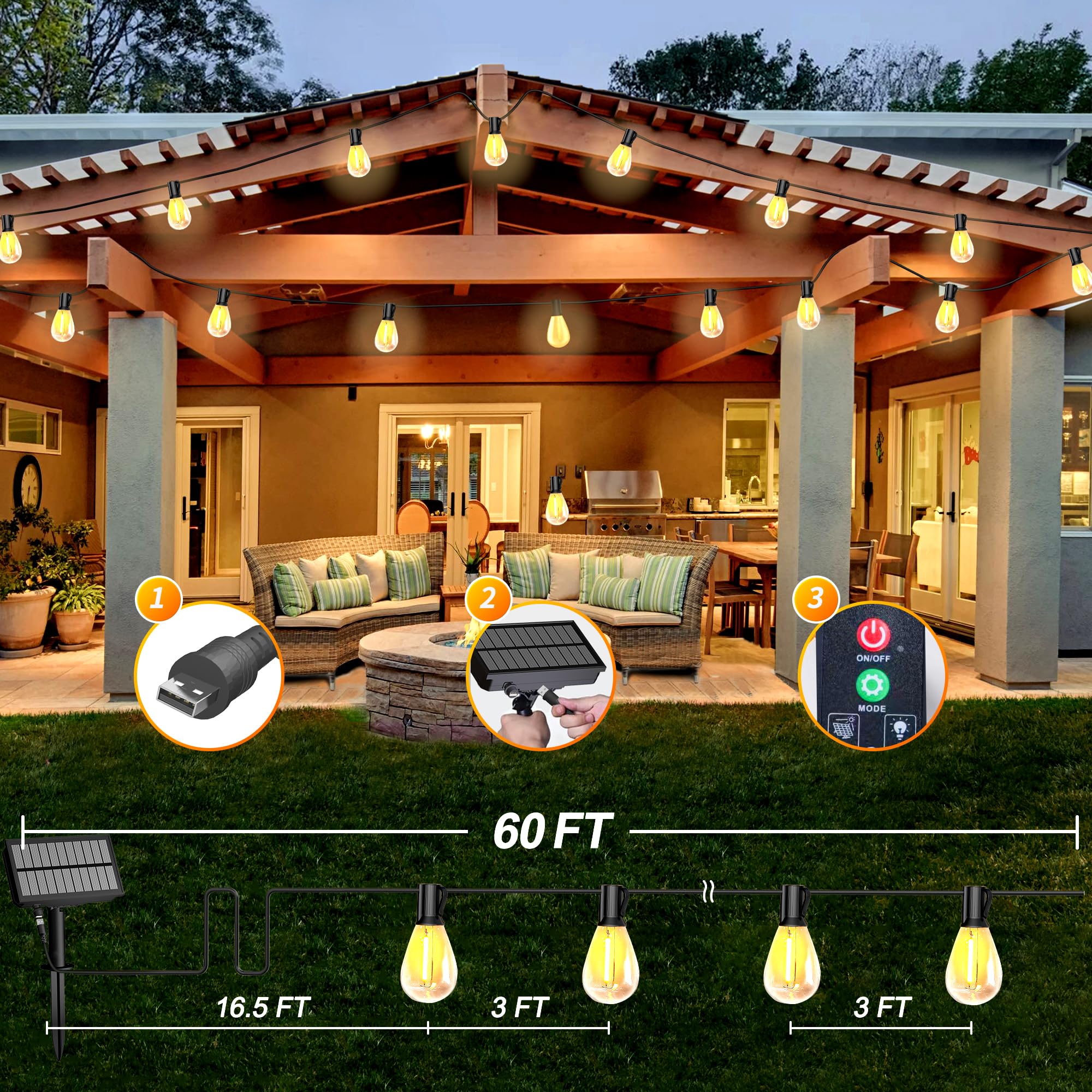 BLIATLUS 60FT Solar String Lights Outdoor Waterproof with Remote Control Solar Patio Lights 15+2 shatterproof LED Bulbs for Porc