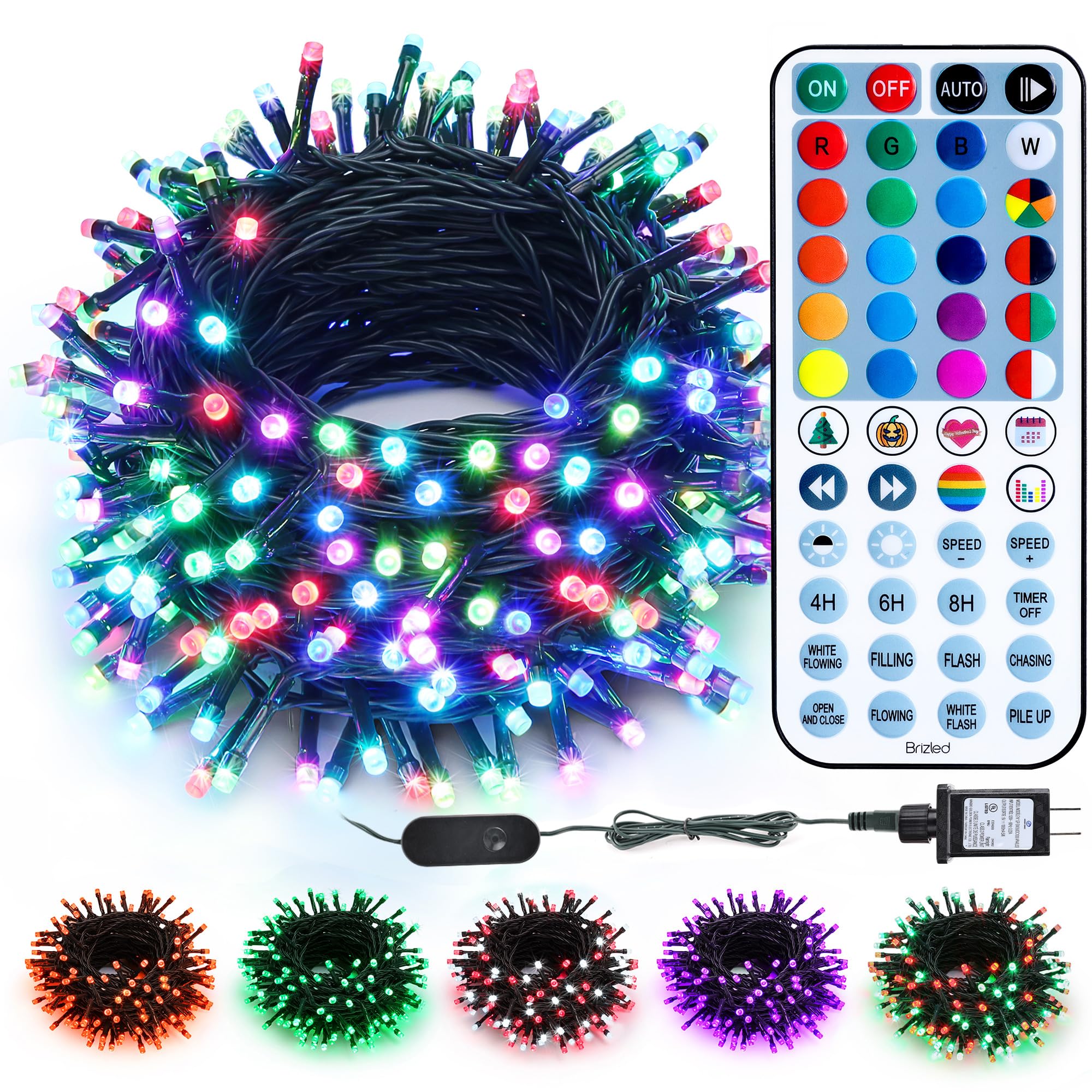 Brizled Christmas String Lights, 33ft 100 LED RGB Dimmable with Remote, Model RMRGB008, Outdoor Xmas Lights for Parties and Home