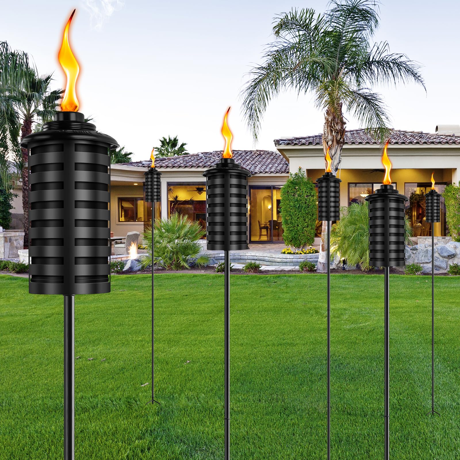 ZSZMFH 6 Pcs Metal Torch Set, 59-Inch Citronella Torches with 3-Prong Stake, Outdoor Garden Décor, 16 oz, 6 Pack
