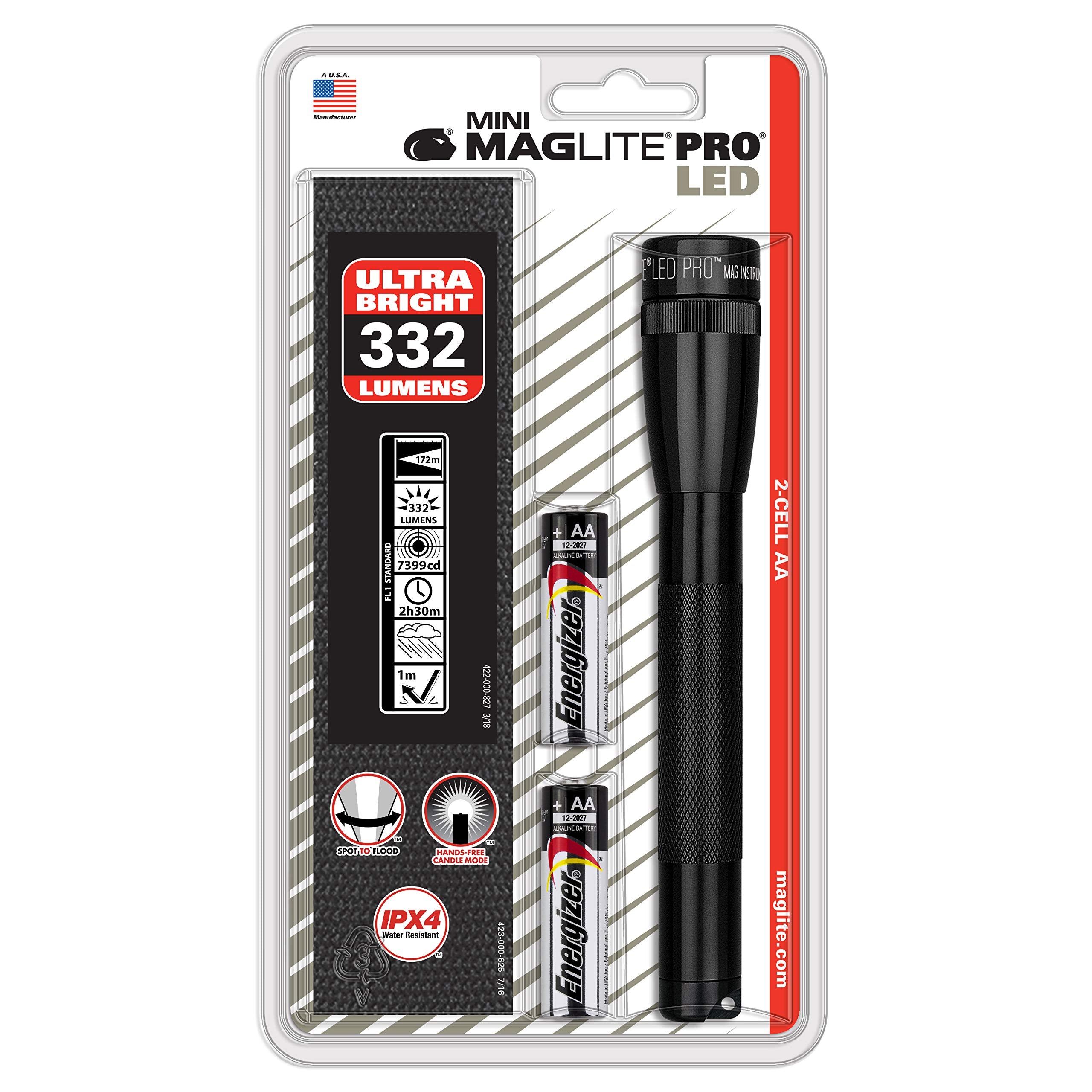 Maglite Mini Led Pro Flashlight - Ultra Bright 332 Lumens, Adjustable Beam, Water-Resistant Ipx4, Shock Resistant, 2 Power Modes