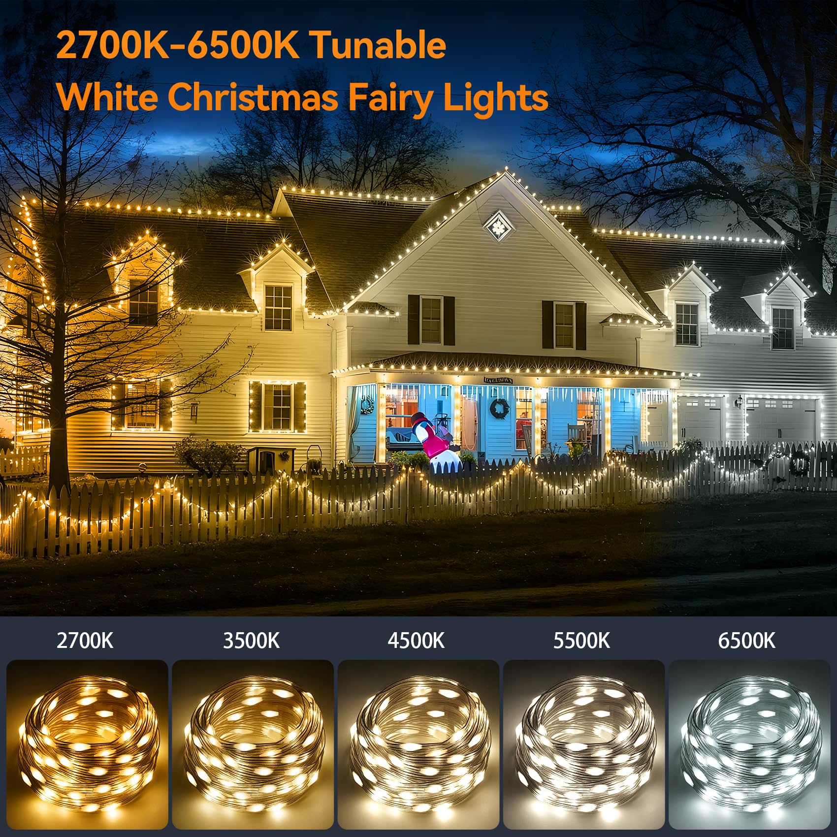 HOUHUI Fairy Lights, 100Ft Waterproof LED String Lights, 2700K-6500K Tunable White, 8 Modes, Remote Control, Model TW-15M
