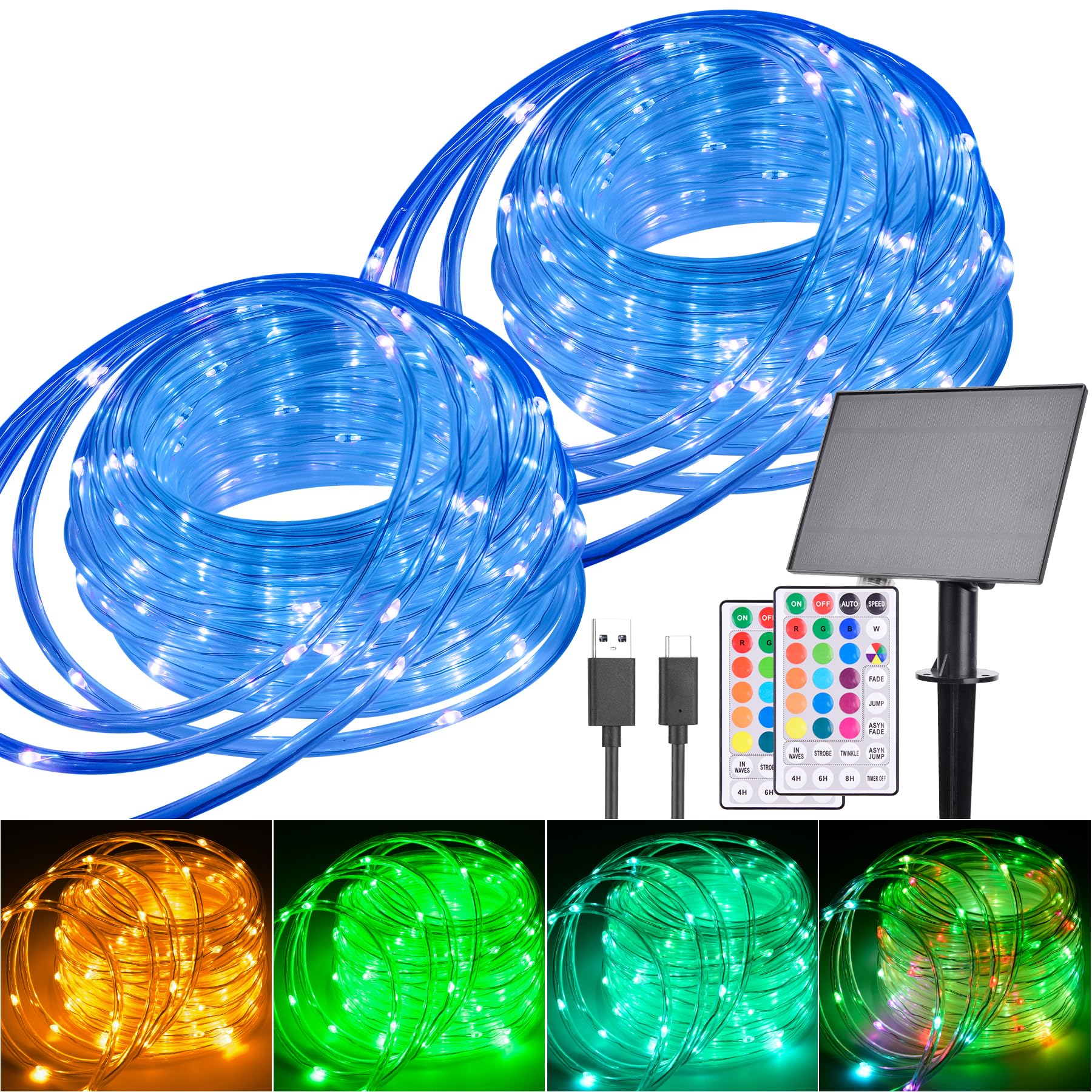 Nazuwke 99FT Solar Rope Lights, 300 LED Multicolor Fairy Tube Lighting, USB & Solar Powered, Waterproof, Remote Control, Model NA-S99