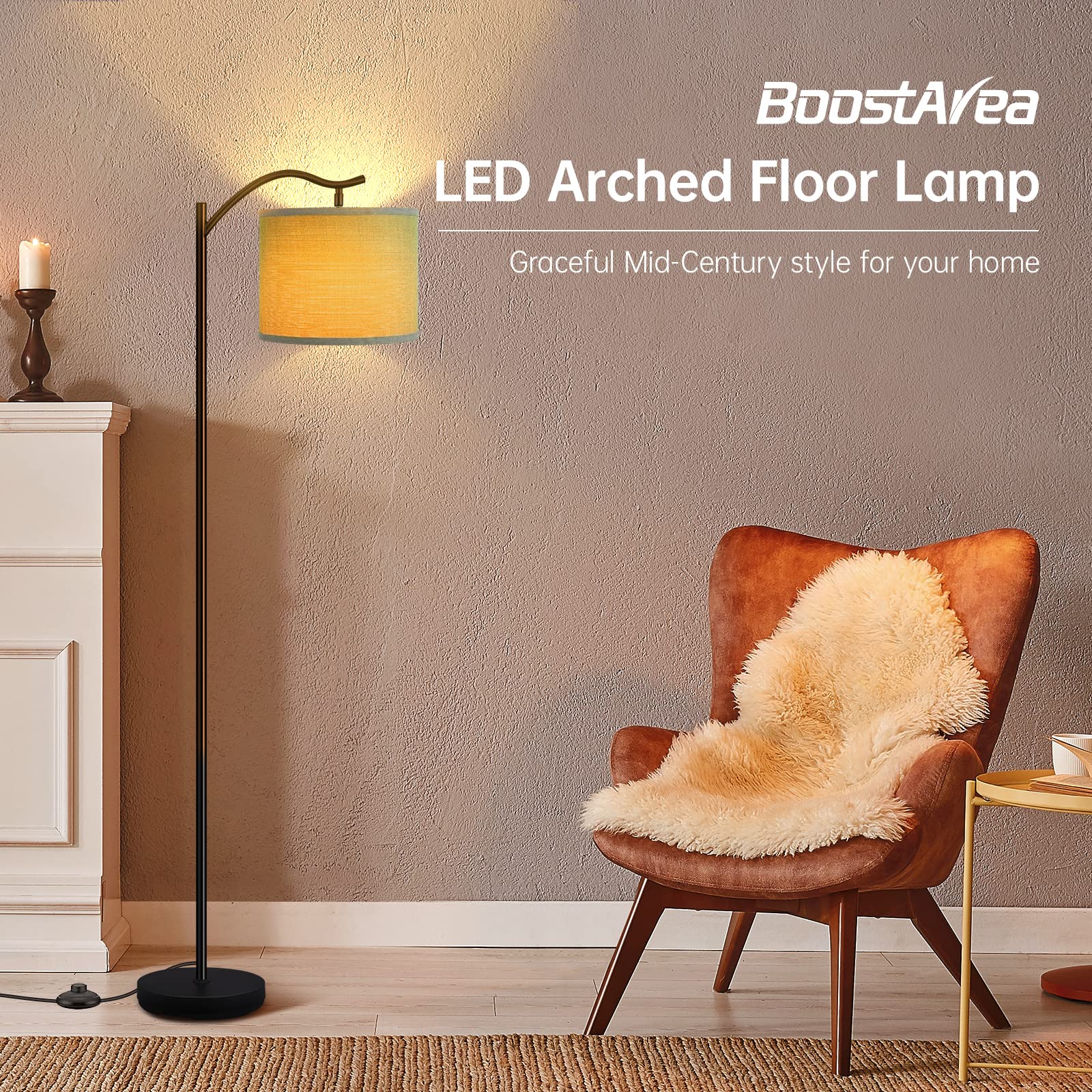 BoostArea Arched Floor Lamp - 15W LED, 3 Brightness Levels, Metal, Gray Linen Shade, Mid Century Design for Living Room and Office