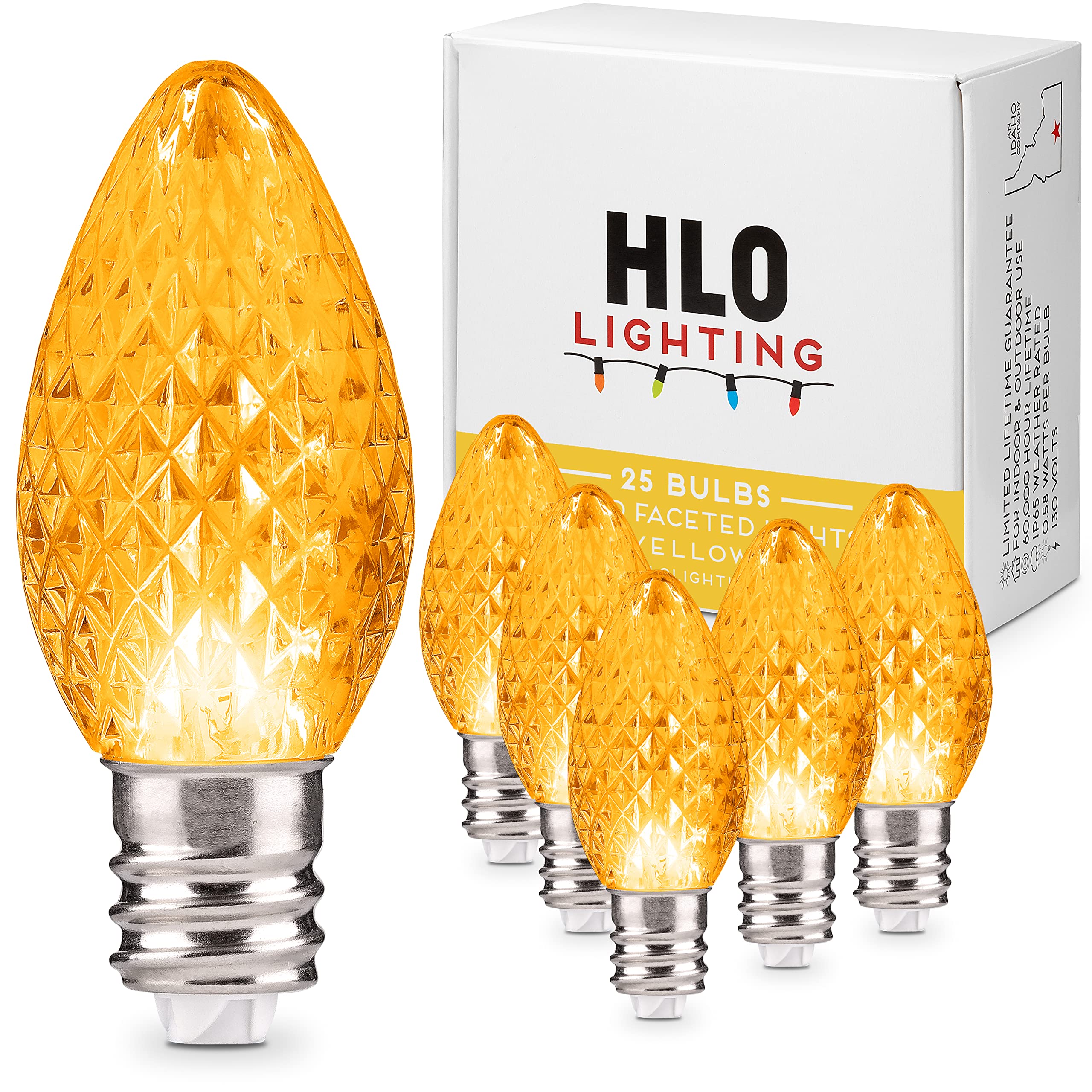 Holiday Lighting Outlet Faceted C7 Christmas Lights | Yellow Led Light Bulbs Holiday Decoration | Warm Christmas Decor For Indoor & Outdoor Use | 2 Smd Leds In Each Light Bulb | Set Of 25