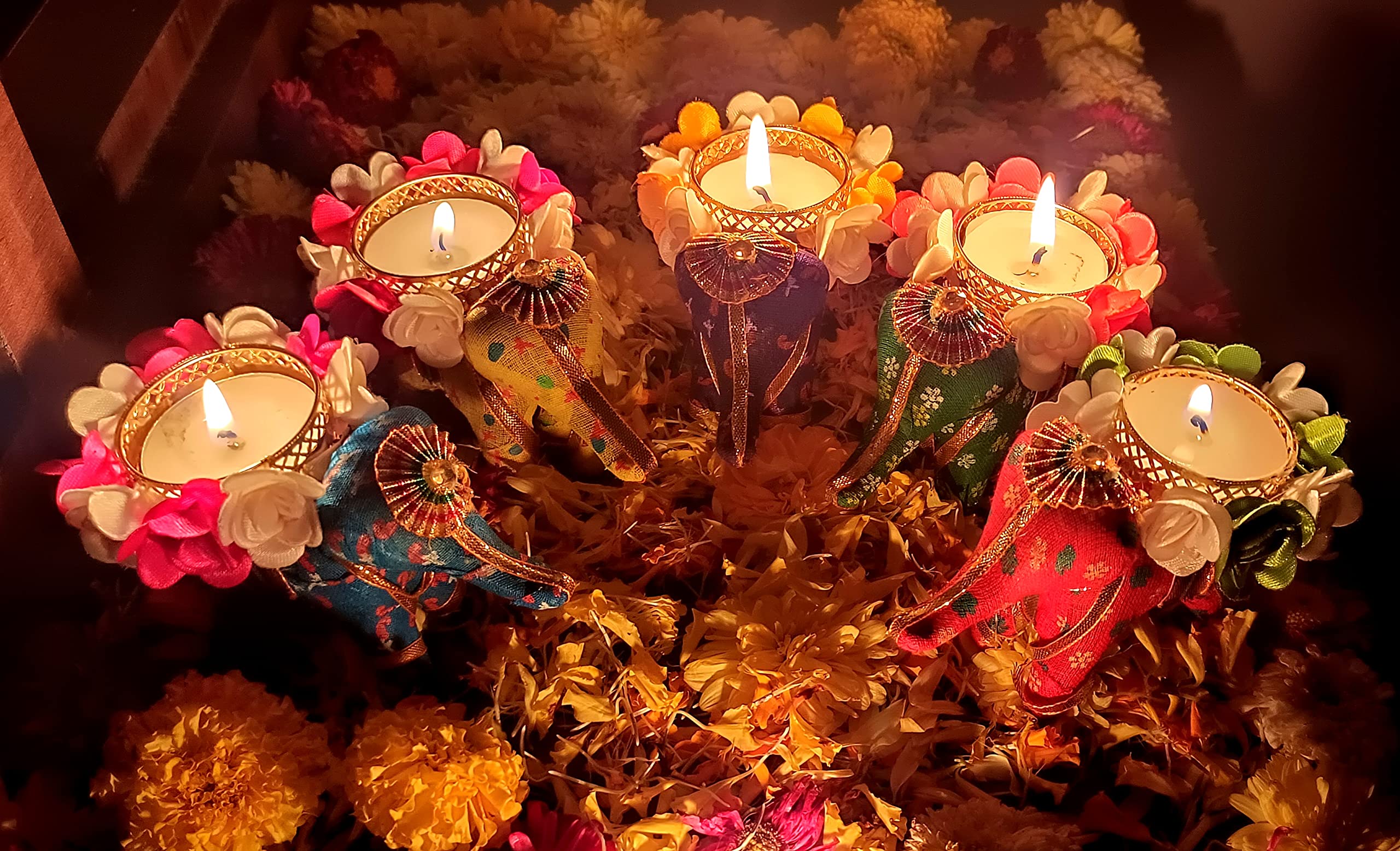 Vibhushita (Set of 5) Designer Artificial Flower Decorative Handmade Elephant Hathi Diwali Diyas Diva Lamp Light for Diwali Fest