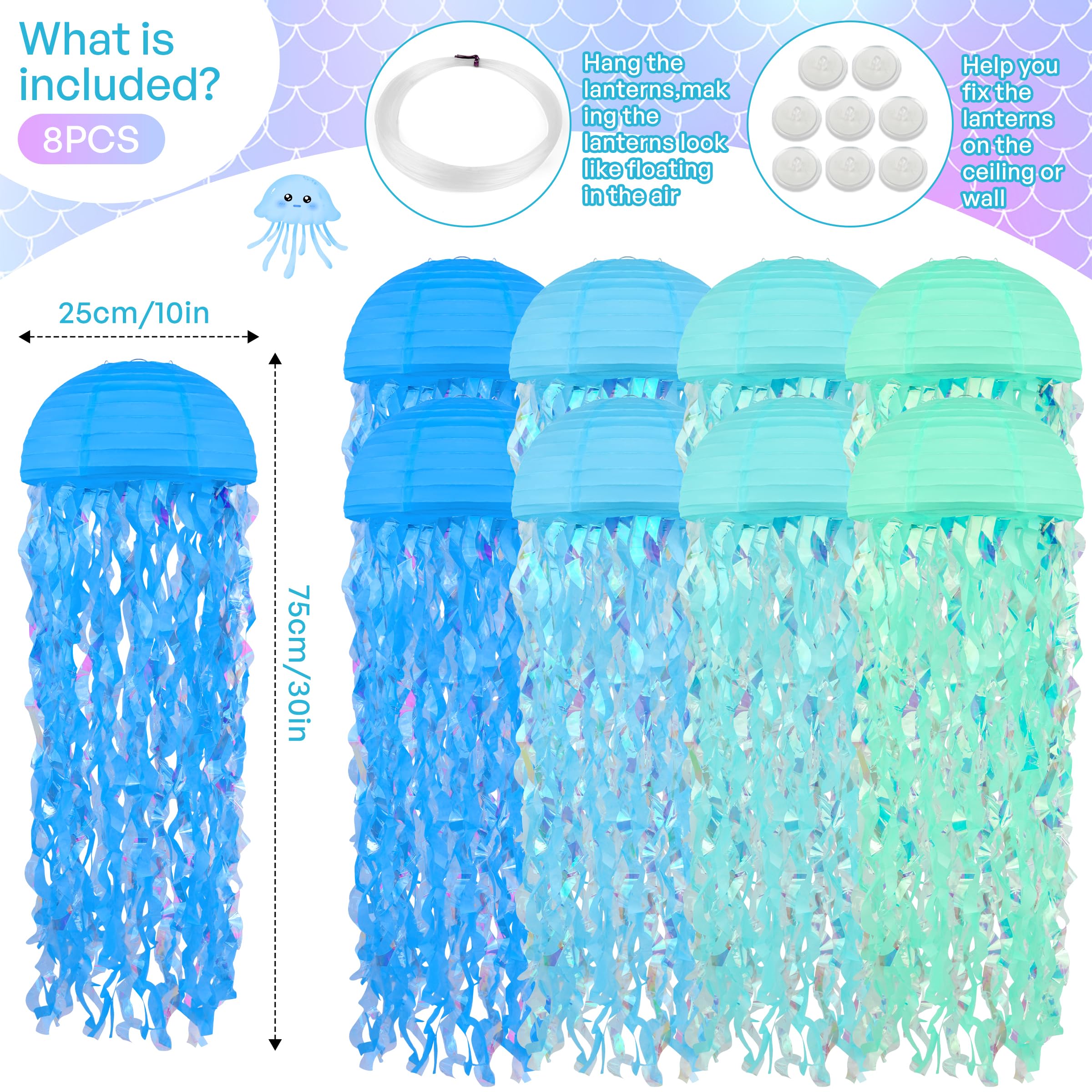Bisanzoya 8 pcs Jellyfish Paper Lanterns, Multicolor Blue, Hanging Decorations for Ocean Birthday Party, Baby Shower, Classroom