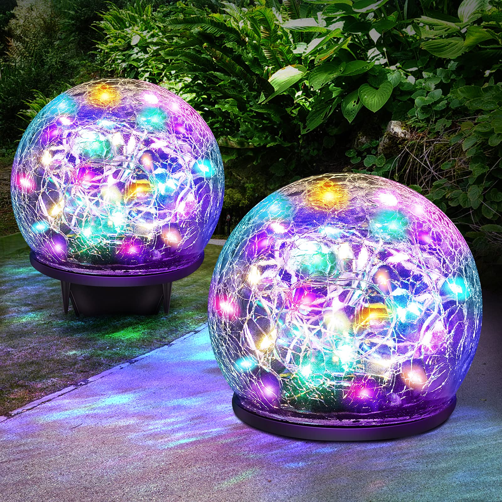 Keevvon Solar Garden Lights, 2 Pack 80 LED Multicolor Cracked Glass Solar Outdoor Lights Decorative, Upgraded Waterproof Ball Lights for Yard Pathway Patio Lawn Christmas Outside Decor, 5.9&quot;