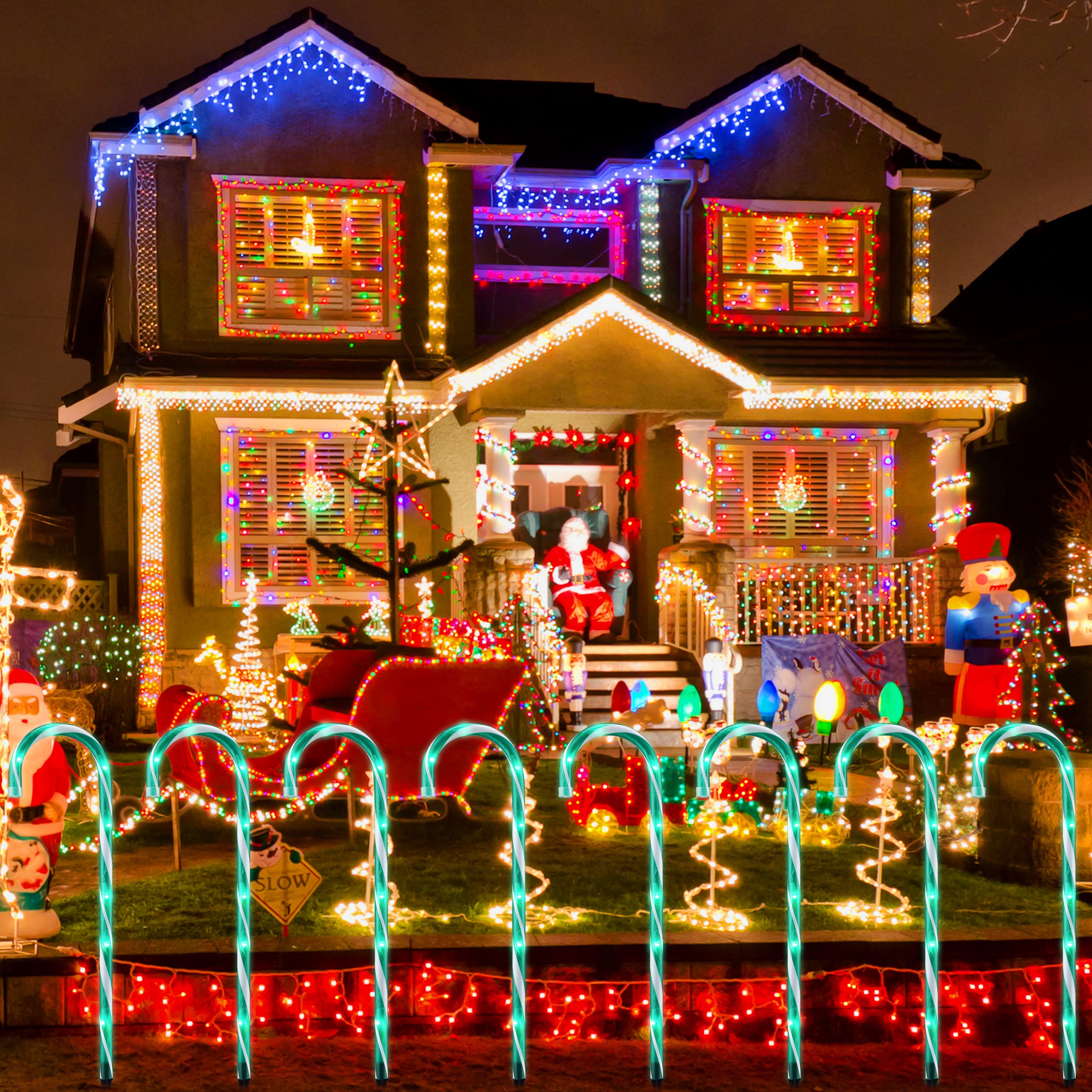 10'' Christmas Candy Cane Lights For Landscape Decoration, Pathway Makers Led Lights (Include Stakes) (Green, 26-10Pcs)