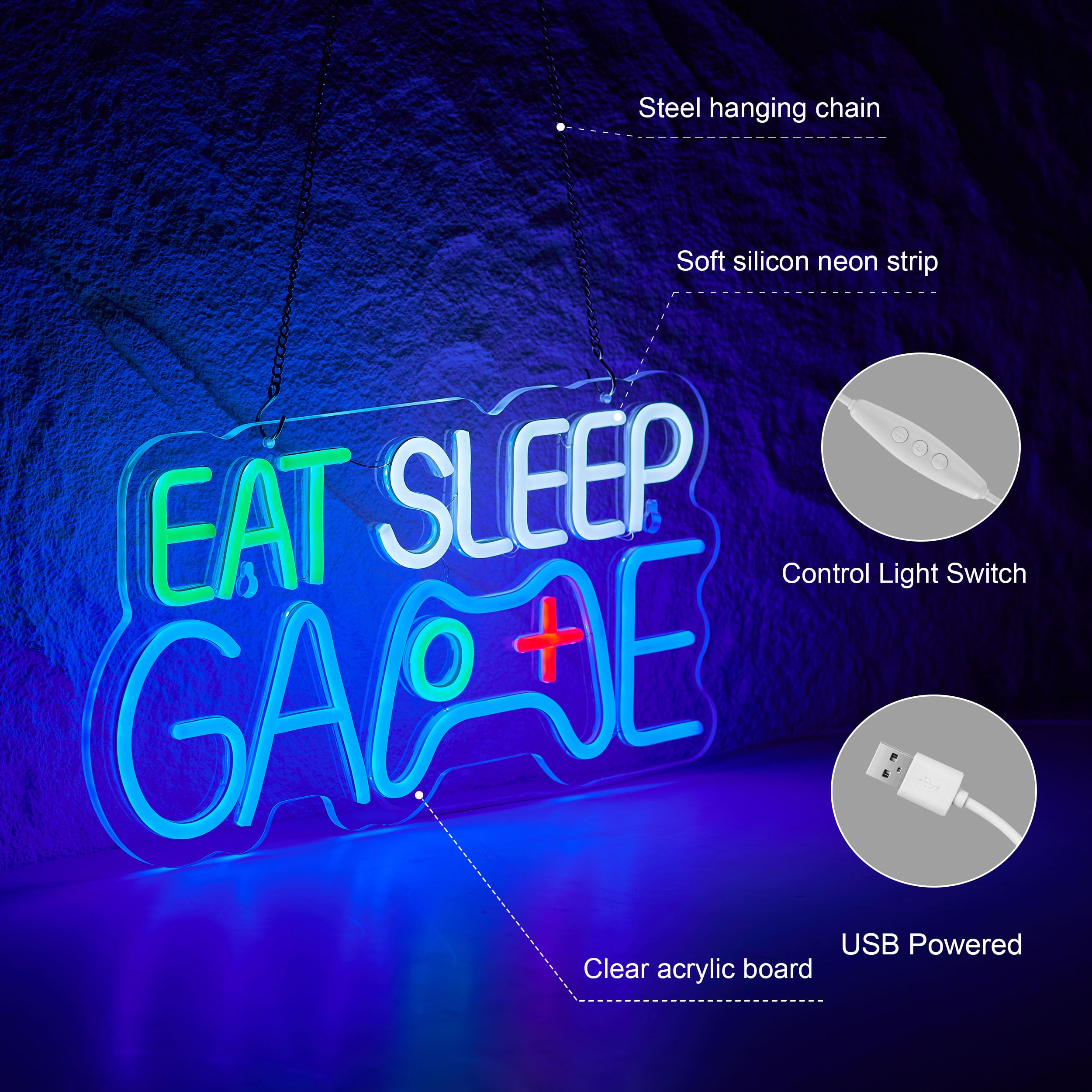 Roouneon LED Neon Sign, EAT SLEEP GAME, Dimmable, Acrylic, 17”x 8”, Blue, Man Cave Decor