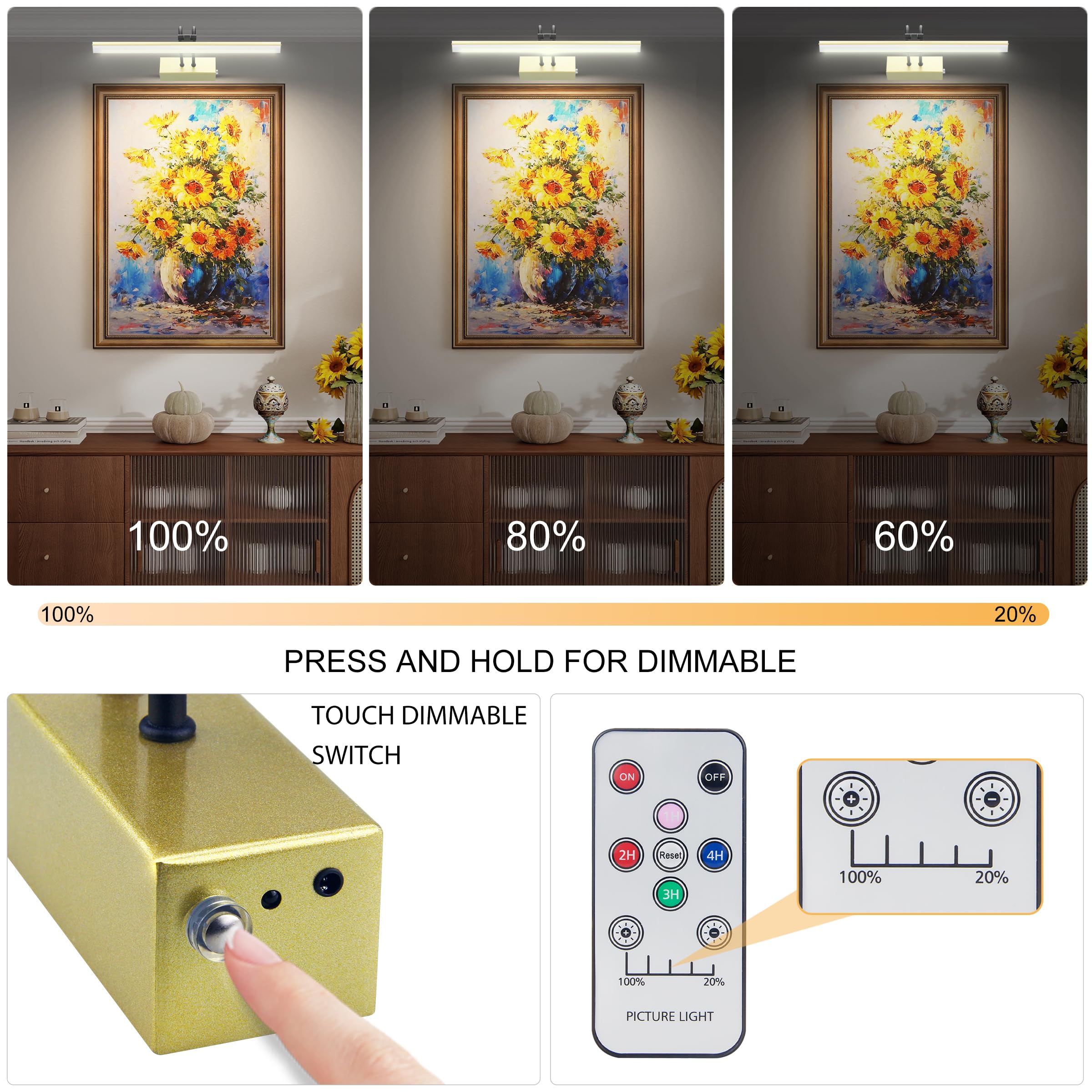 RAIFOOLLY Picture Light, Wireless Battery Wall Lighting, 16in, R-Gold, Remote Control, Dimmable, Art Display, Model 3f92b64e-ea9