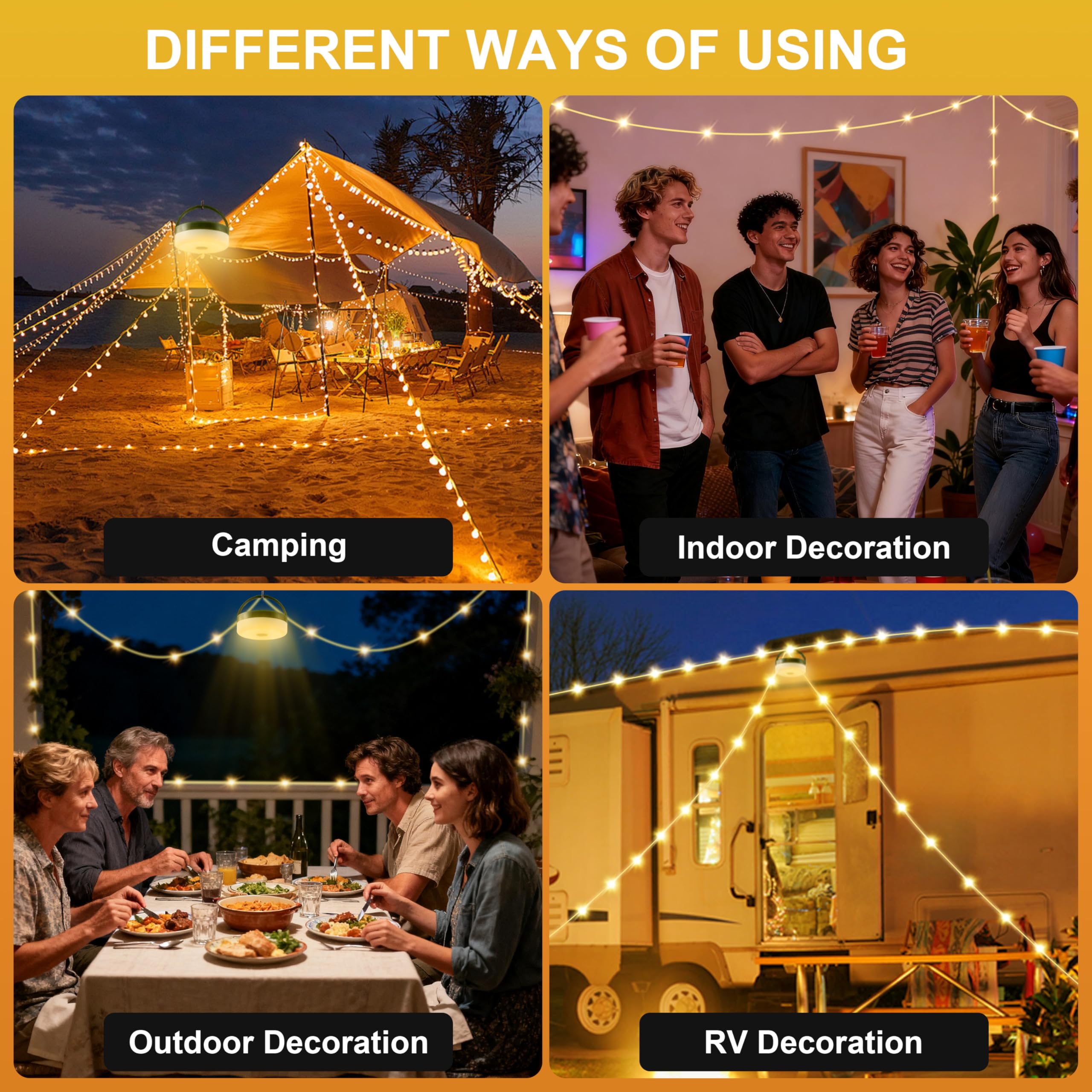 InkTrail Camping String Lights, 33FT Rechargeable LED Lamp, 14 Lighting Modes, Waterproof, Green, Model CSL000